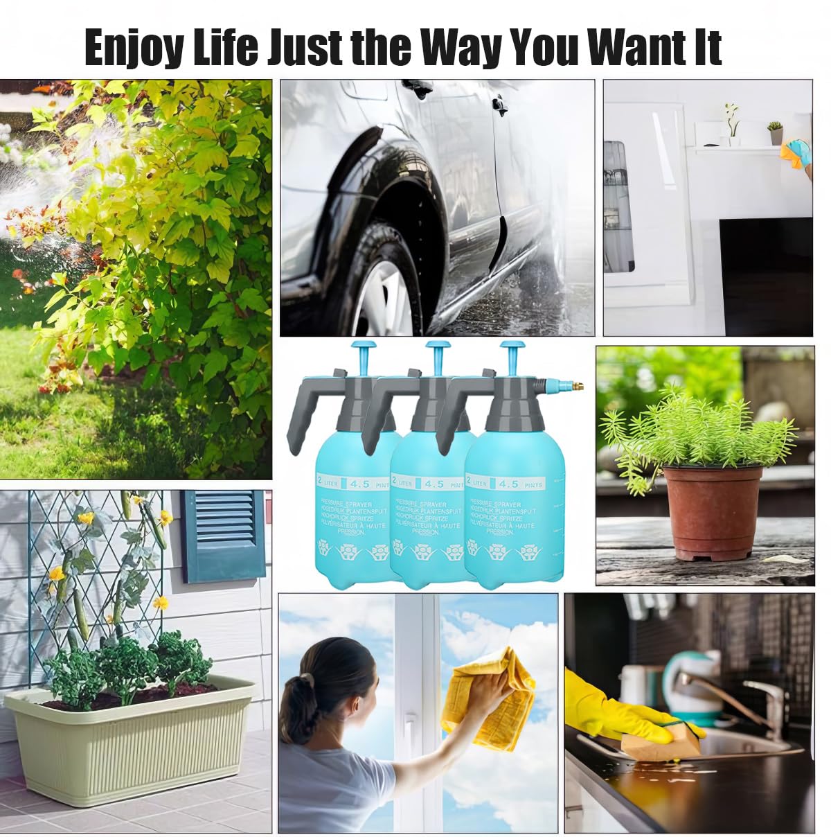 3-Pack Manual Pressure Sprayer with Adjustable Brass Nozzle, 2L Handheld Gressure Spray Bottle, Multipurpose Plastic Pump Bottle Spray for Garden Watering, Yard Spraying and Household Tasks