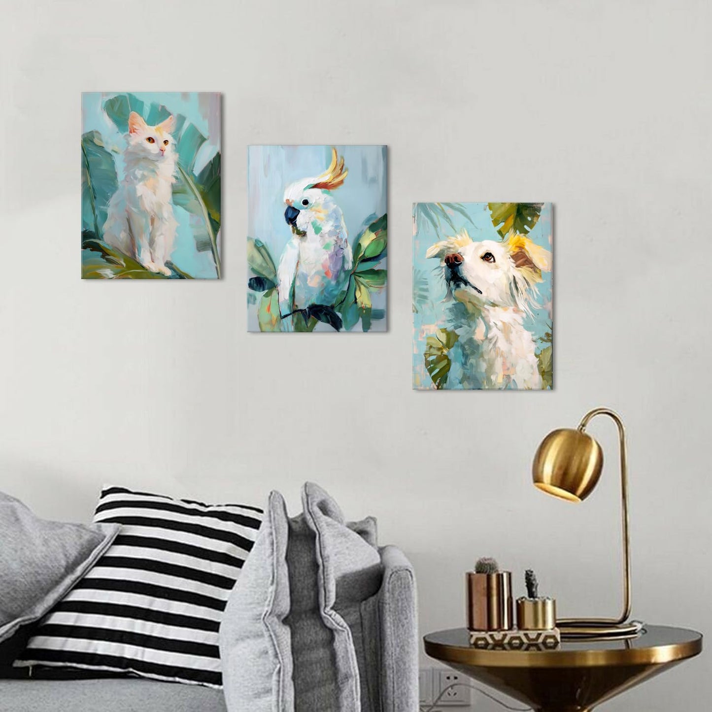Family Pets Wall Art Cute Abstract Animal Wall Decor for Bedroom Nursery Cat Parrot Dog Pictures Boho Tropical Botanical Leaves Canvas Painting Modern Artwork Living Room Bathroom Decoration 12x16" 3P