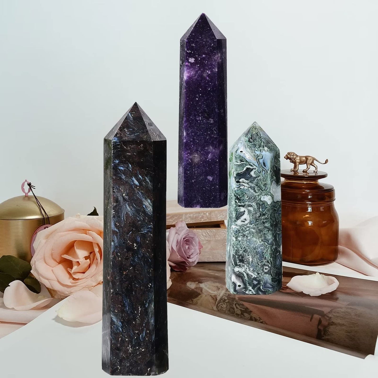 AMOYSTONE Large Healing Crystal Obelisk Towers Moss Agate Point Wand Home Decor Reiki Healing 1.1-1.7 LBS