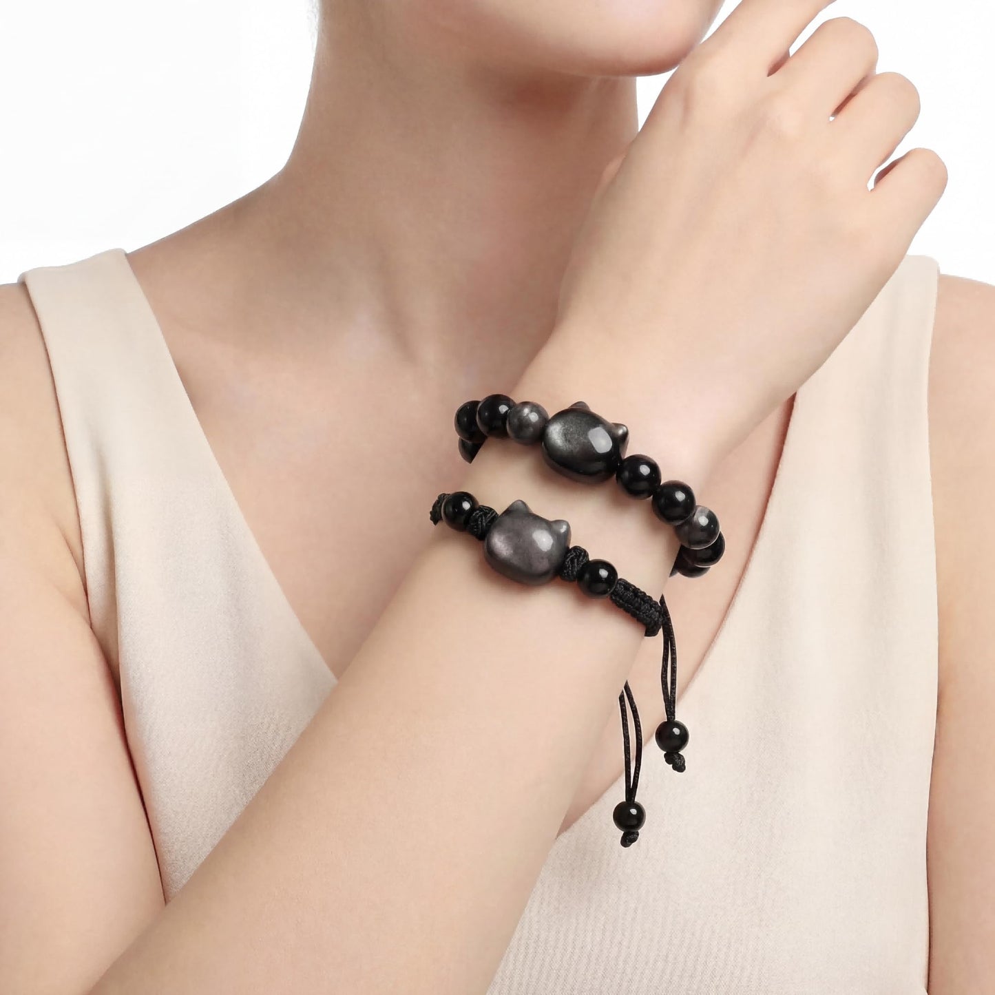 Black Obsidian Cat Bracelet and Moon Pendant Necklace Jewelry Set-Cat Lover Gifts,Wealth Attraction,Good Luck,Bead Bracelet,Mindfulness,Beaded Bracelets, Obsidian Pendant Necklace-Cute Gifts for Women (Black-Bead Cat Face-Strand Cat Face)