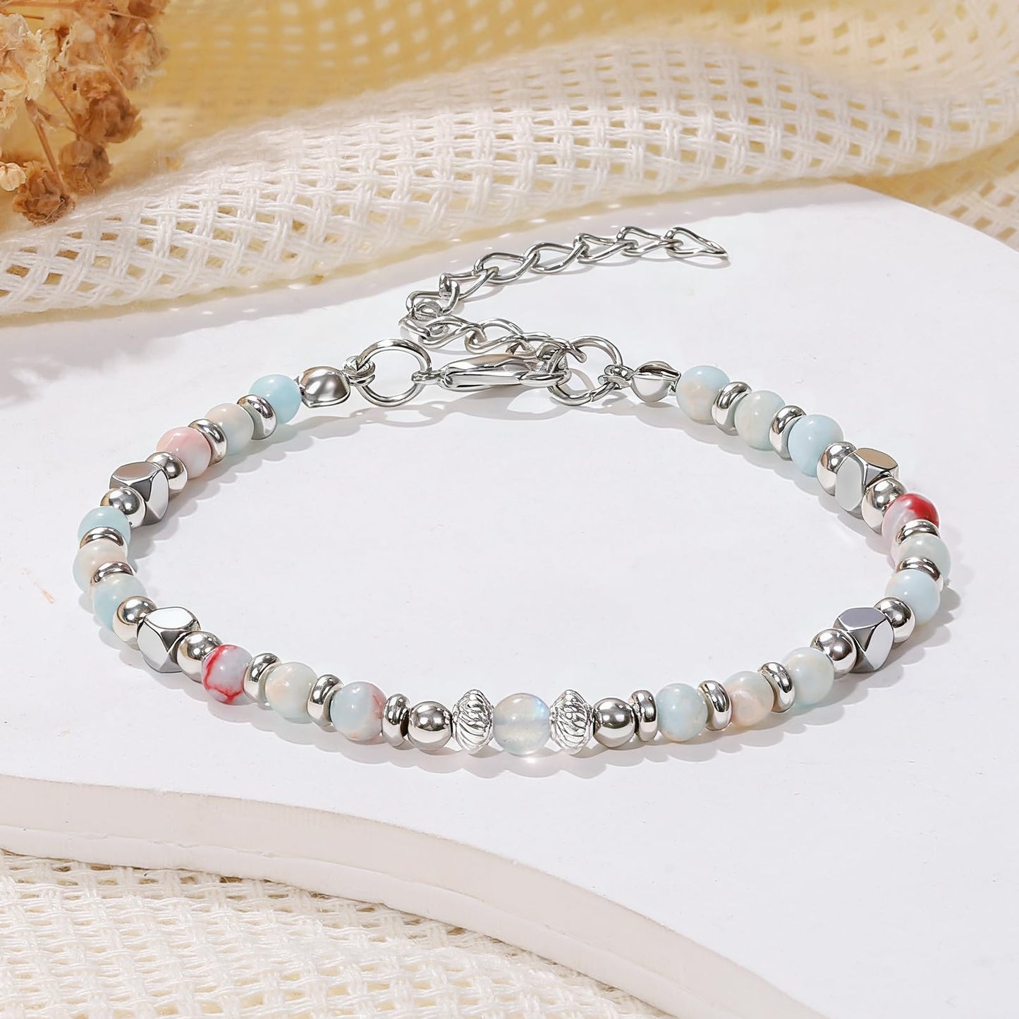 MFTRADING Moonstone Beaded Bracelet for Women - Adjustable Silver Boho Healing Crystal Jewelry Graduation Gift for Sister, Daughter, Niece, Mom