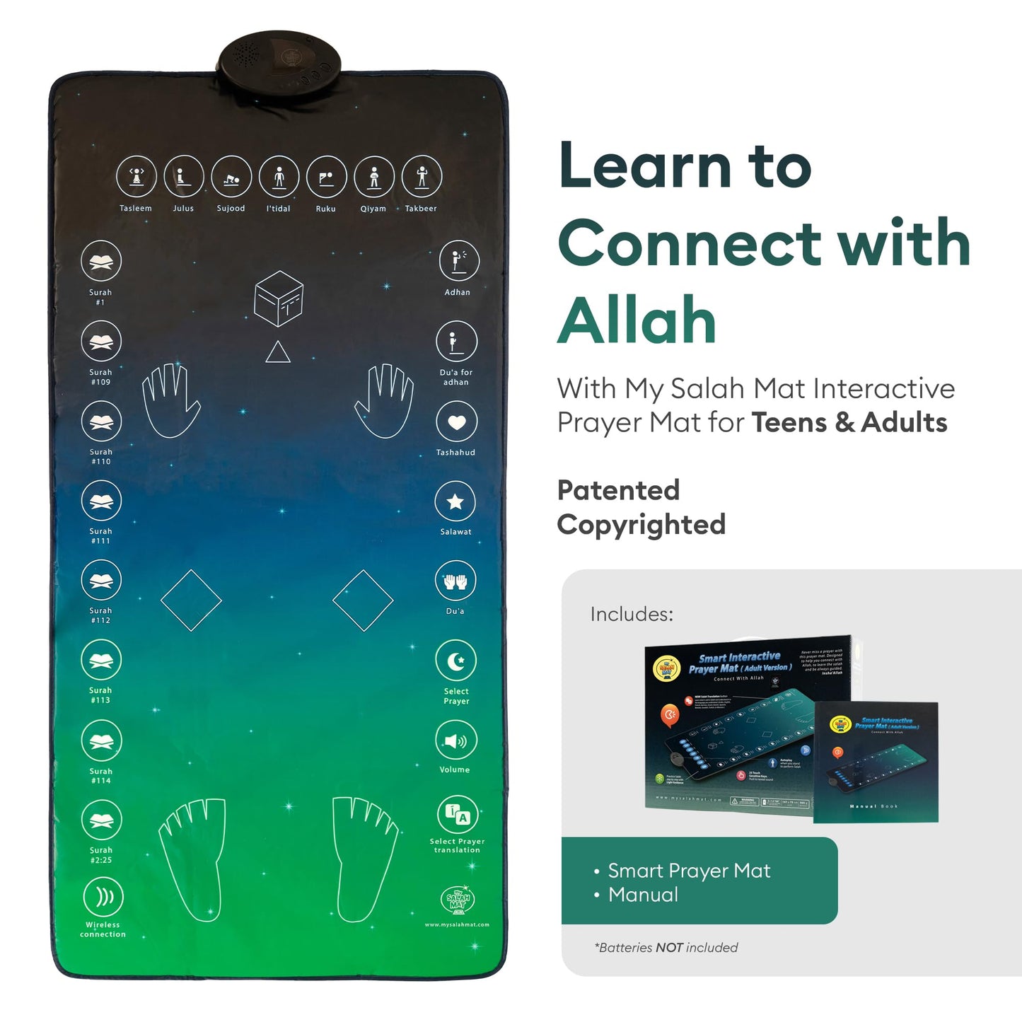 My Salah Mat for Adults - Smart Interactive Prayer Mat for Adults & Reverts Learning Surahs, Salah, Duas, & More - Muslim Prayer Rug with 25 Touch Keys, Padded Prayer Mat Layer, & Speaker for Ages 8+