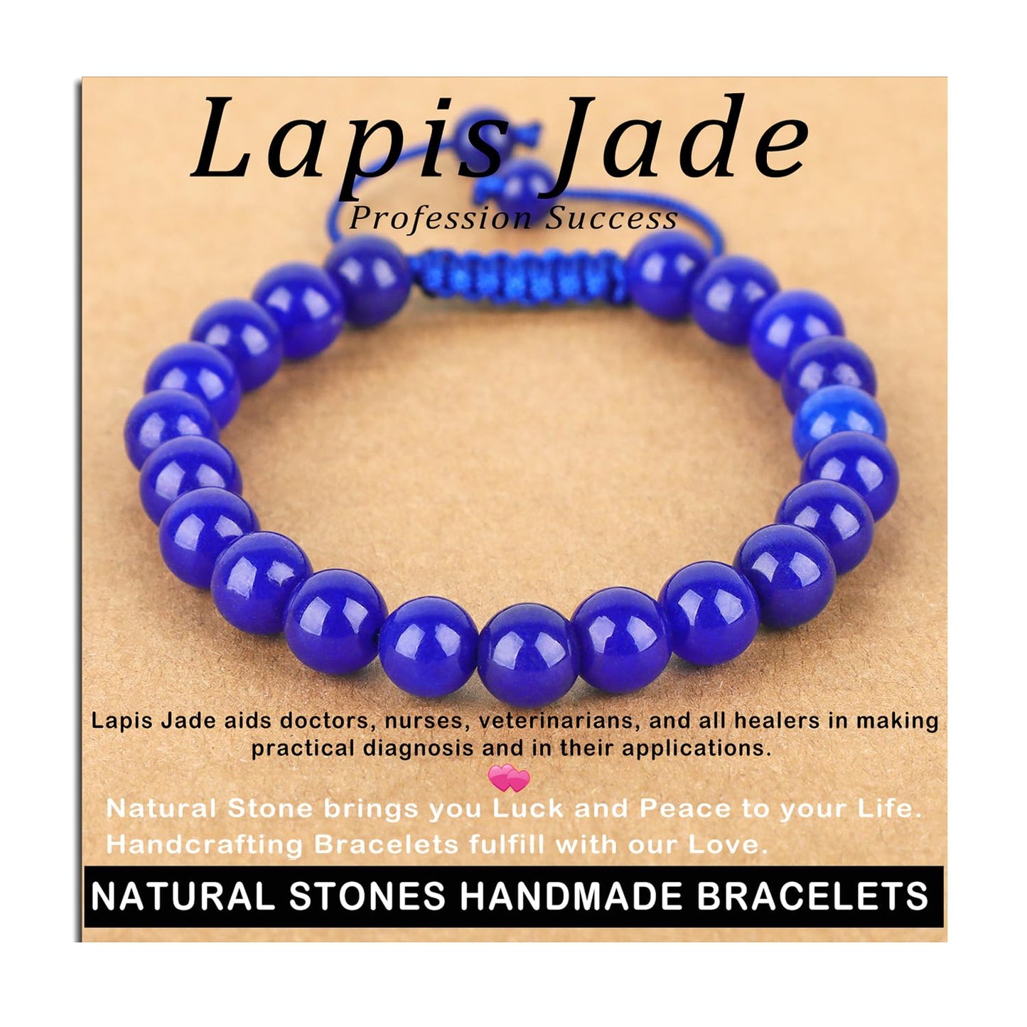 AD Beads 8mm Blue Lapis Jade - Profession Success - Handmade Natural Stone Crystal Bracelet with Adjustable Macrame String - Yoga Healing Power Energy Gifts for Men and Women