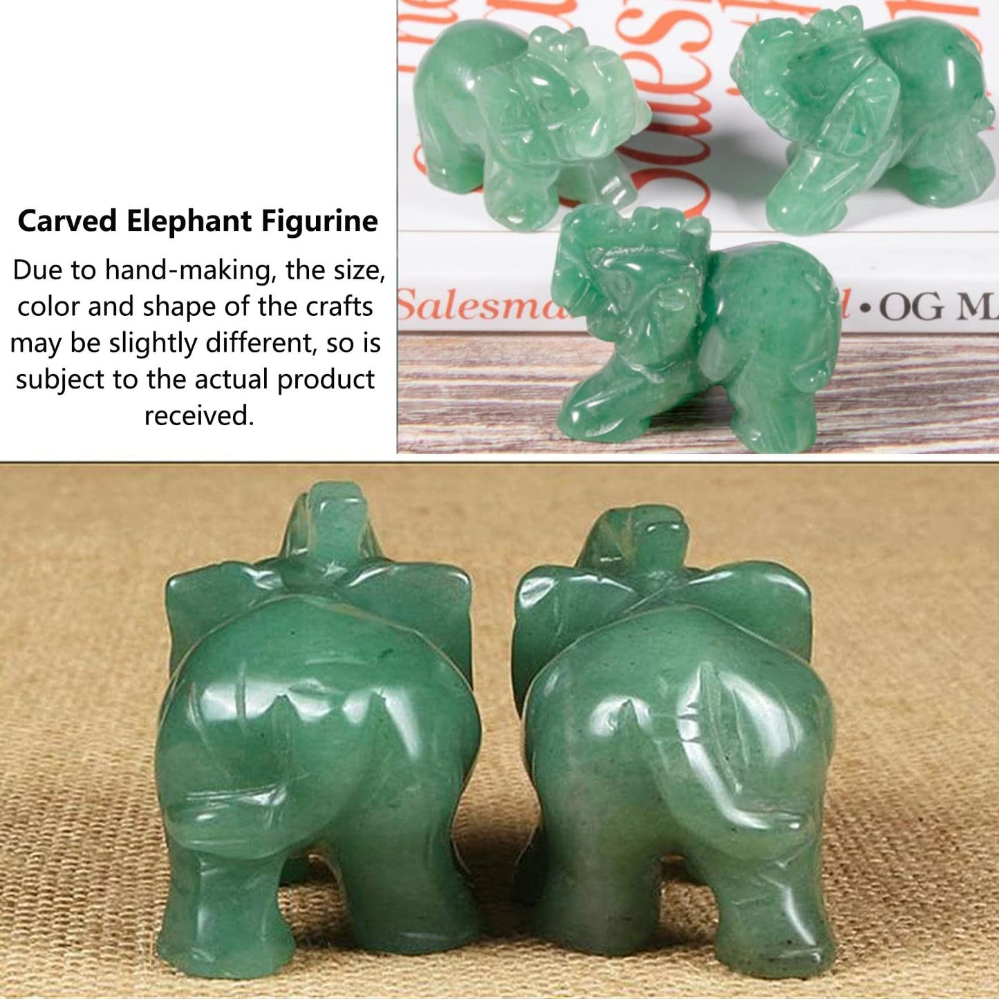 Watris Veiyi 2inch Natural Jade Elephant Figurine, Green Elephant Decoration, Carved Elephant Figurine, Elephant Crystal Wealth Lucky Figurine for Home Decor