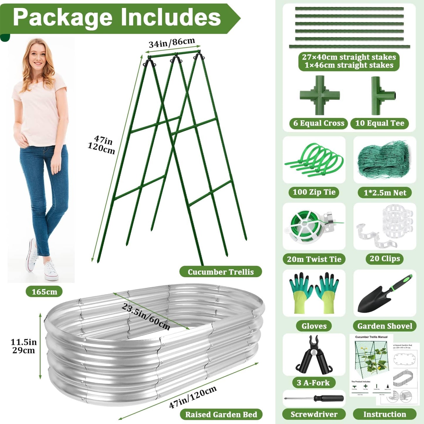 Galvanized Raised Bed with Cucumber Trellis, Garden Arch Trellis Outdoor Reusable A-Frame Metal Trellis with Trellis Net for Pea Vegetable Bean Grape Vines Flowers Climbing Plants Stand Support