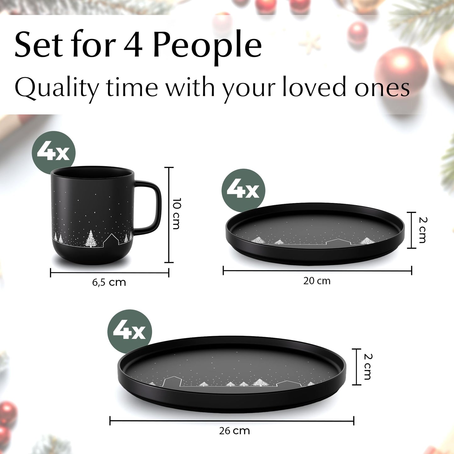 MIAMIO – Christmas Dinnerware Set 12-Piece/Christmas Plates Set with Mugs in minimalist holiday design (Service for 4) / Dishwasher and Microwave Safe – Vinter Collection