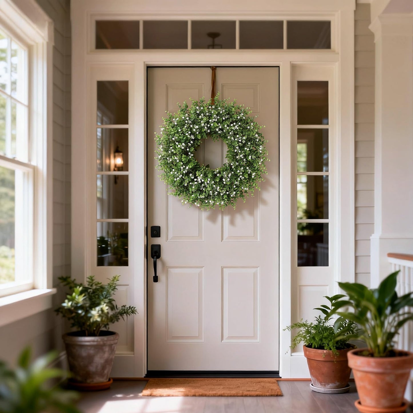 26" Artificial Eucalyptus Wreath with Baby's Breath for Front Door - Faux Eucalyptus Leaves, Fake Spring/Summer Greenery Flowers Wreath for Porch, Farmhouse, Wall, Window Outdoor Decor(White-Green)