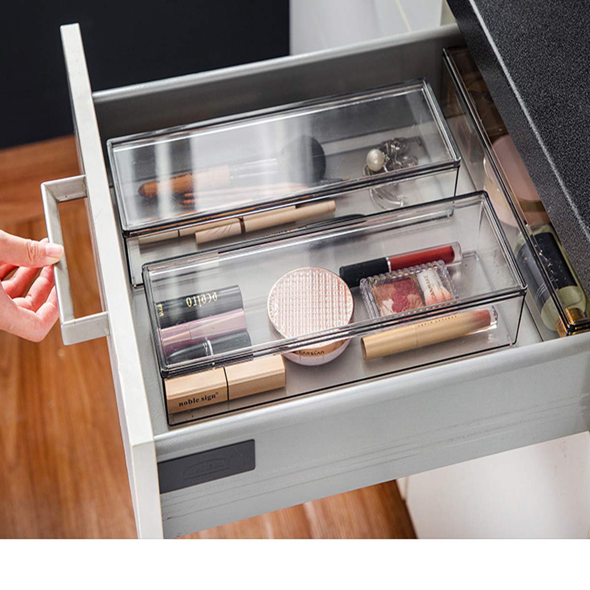 AIYoo Transparent Flatware Tray Kitchen Drawer Organizer With Lid - Plastic Kitchen Cutlery Tray and Utensil Silverware Storage Container with Cover - Dinnerware Holder for Spoons Forks Knives