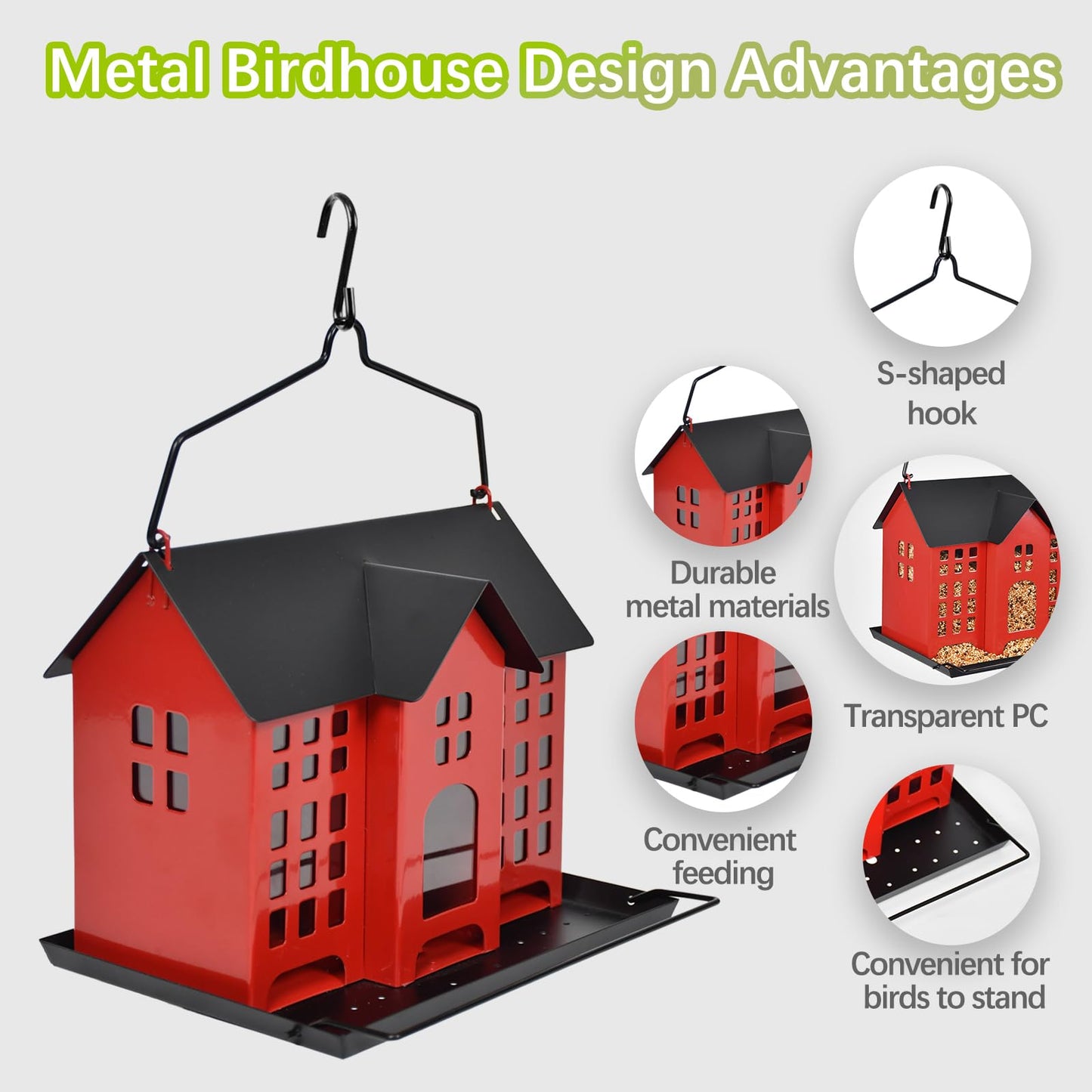 BOCHENTECH Hanging Bird Feeder, Outdoor Bird Feeder, Metal Bird Feeder, 5.6LB with Three Small Individual compartments for Finch Cardinal Chickadee, Large Capacity, Weatherproof and Durable