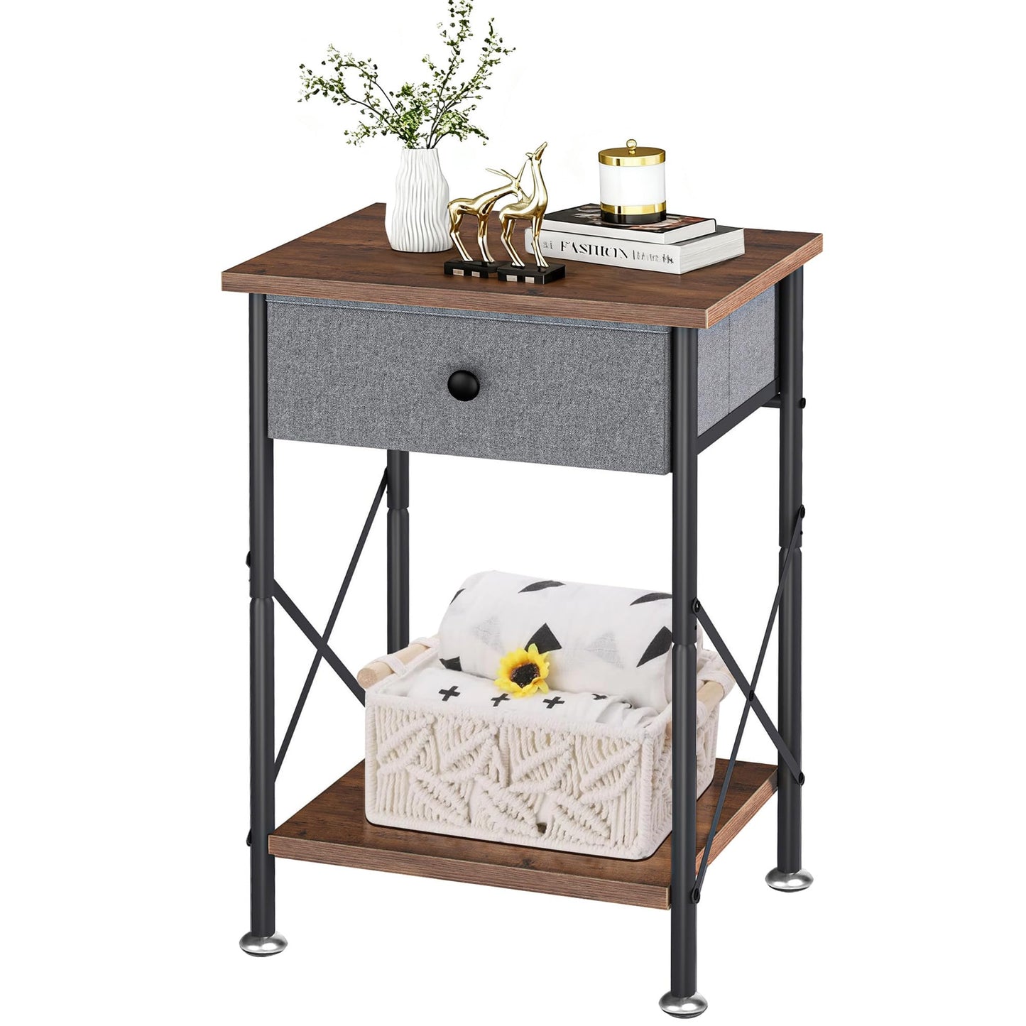 VECELO End Tables, Modern Nightstand with Fabric Drawer & Open Shelf, Night Stand for Bedroom Living Room, Industrial Metal Frame, Easy Assembly, Rustic Brown,1 Pack