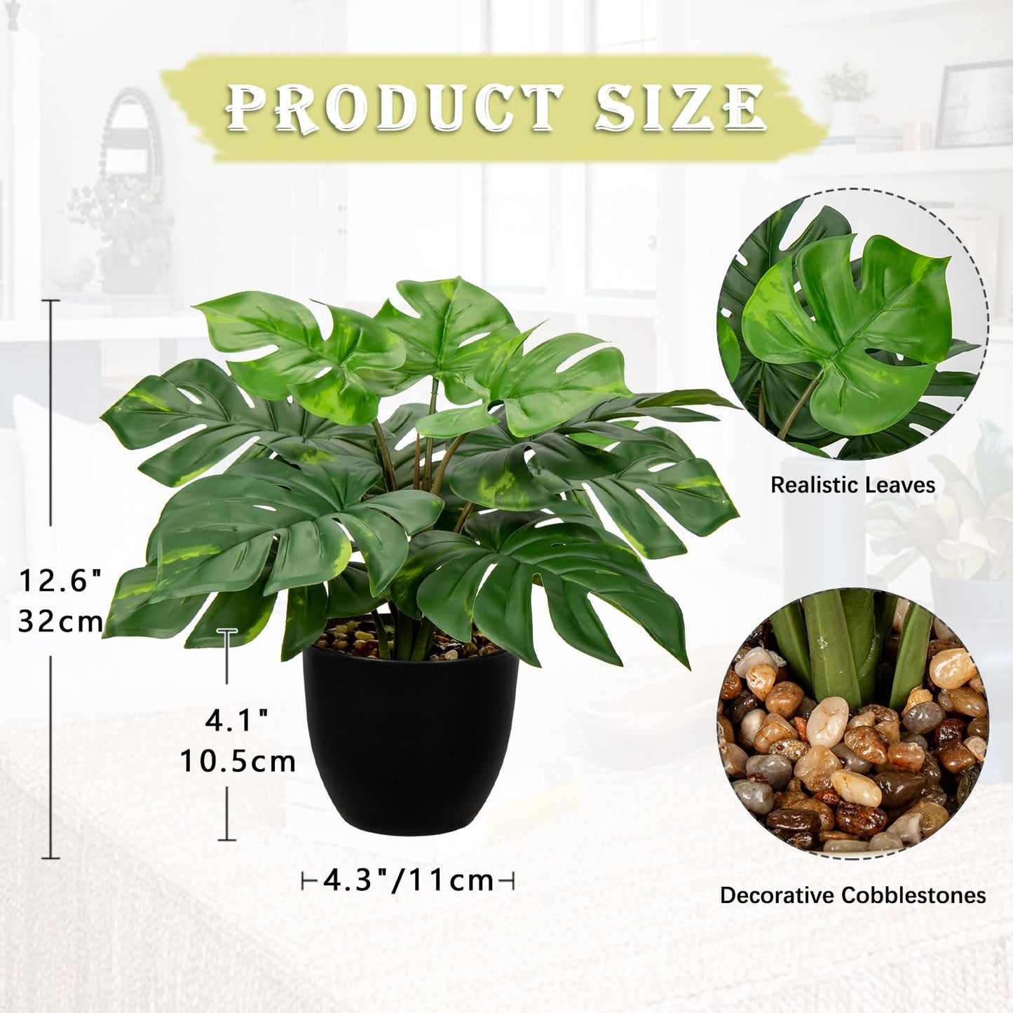 Hollyone Artificial Monstera Plant Faux Monstera Plant Potted Fake Tropical Plants in Black Pot for Indoor Outdoor Home Desk Office Garden Farmhouse Decoration