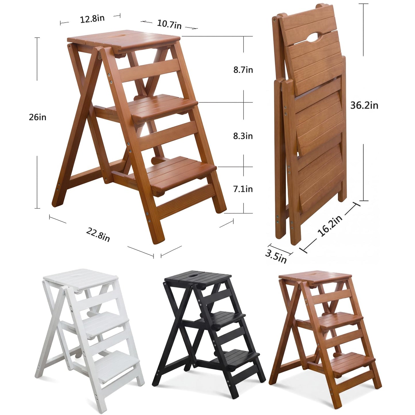 Step Stool for Adults/Step Ladder/Counter Chair, 3-Step Folding Portable Wooden Step Stool, Anti-Slip & Lightweight (Nut - Brown)