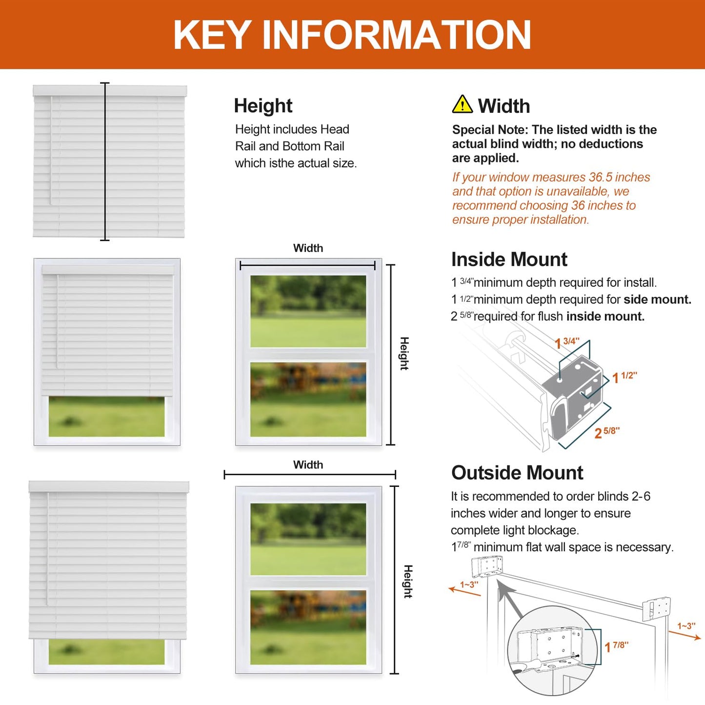 Faux Wood Blinds for Indoor Windows, 35" Width x 60" Height Cordless Window Blinds with Valance for Home, No-Hole Privacy Slats,2" White Blinds for Kitchen, Bathroom & Living Room