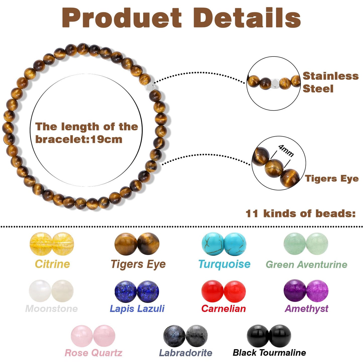 Raicegs 4MM Tiger Eye Beaded Bracelets Healing Crystal Bracelet for Women Men Natural Stone Handmade Stretch Bracelet Reiki Spiritual Jewelry