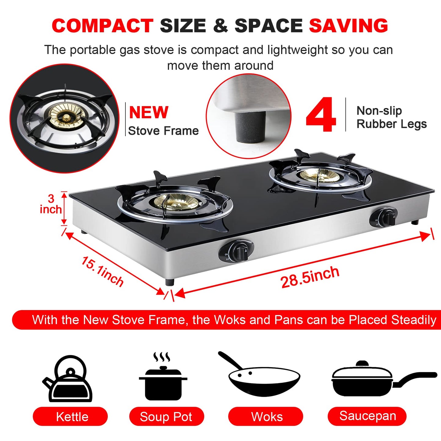 forimo Propane Gas Cooktop 2 Burners Gas Stove portable Tempered Glass Double Burners Stove Auto Ignition Camping Double Burner LPG for RV,Apartments,Outdoor