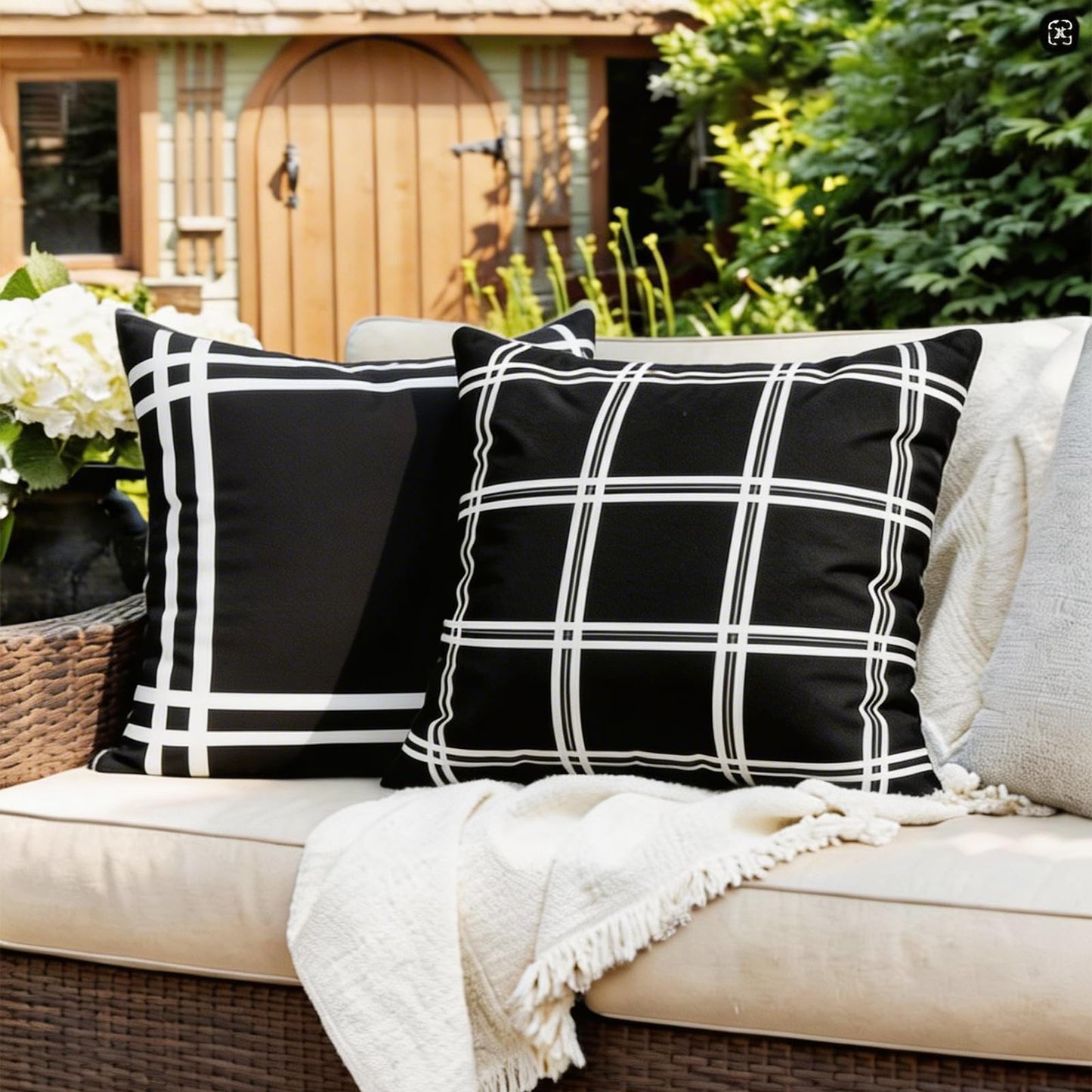 Adabana Pack of 2 Outdoor Waterproof Plaid Throw Pillow Covers Farmhouse Decorative Black Tartan Outdoor Pillow Covers for Patio Furniture Beach Chair 18x18 inch, Black