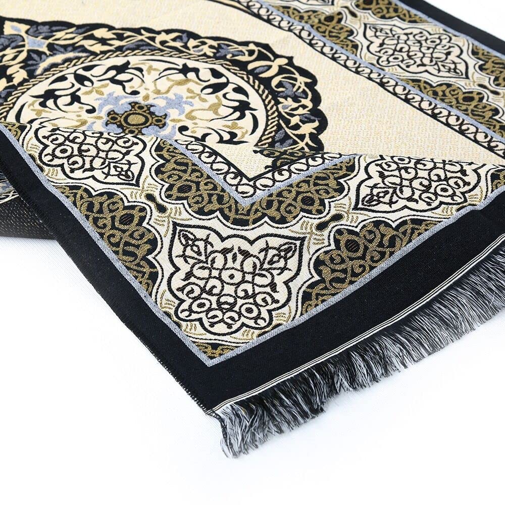 ESERRA Muslim Prayer Rug - 99 Beads & Cap Included, Islam Prayer Mats for Men, Women & Kids (Black)