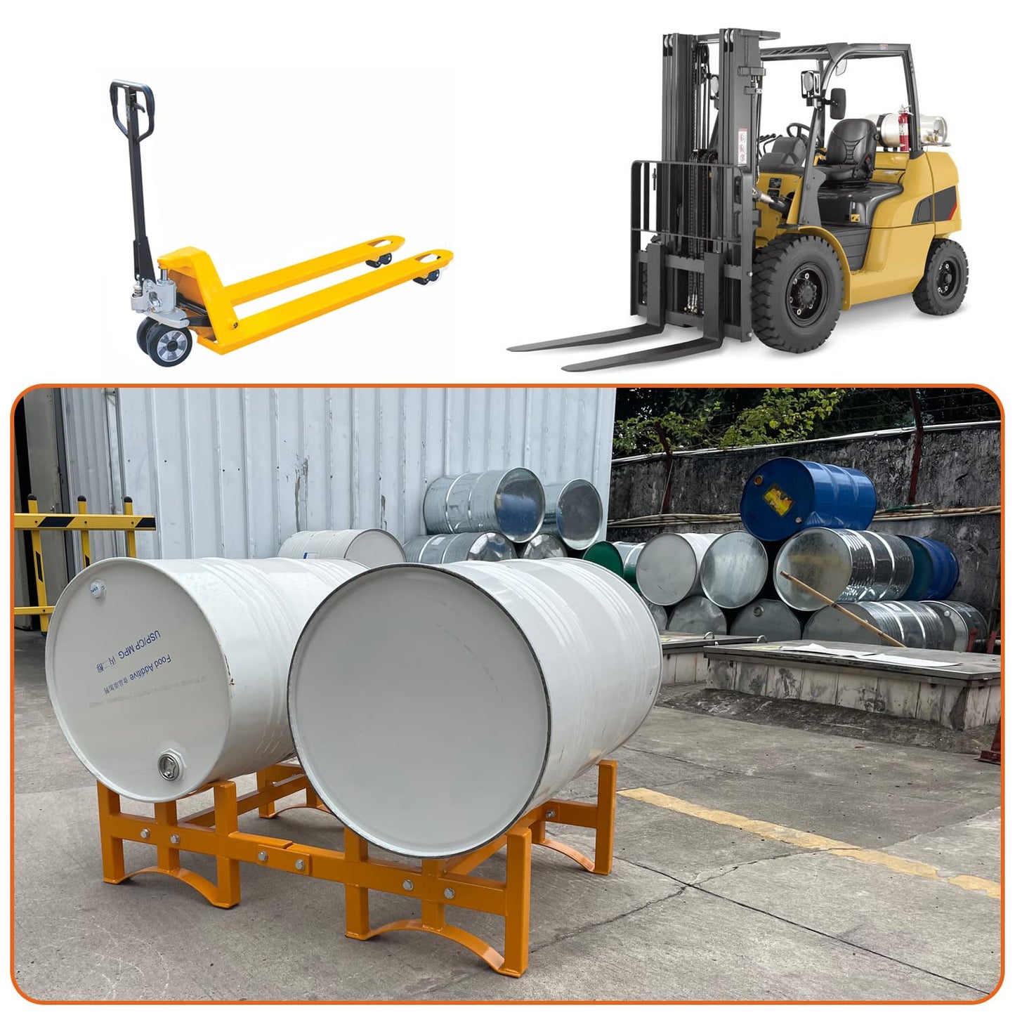 Koxuyim Heavy Duty Oil Drums Rack Stackable 55 Gallons 2200Lbs Load Capacity, Mobile Oil Barrel Bracket with Four-Way Fork Truck Access, Drum Rack Steel Powder Coated Yellow