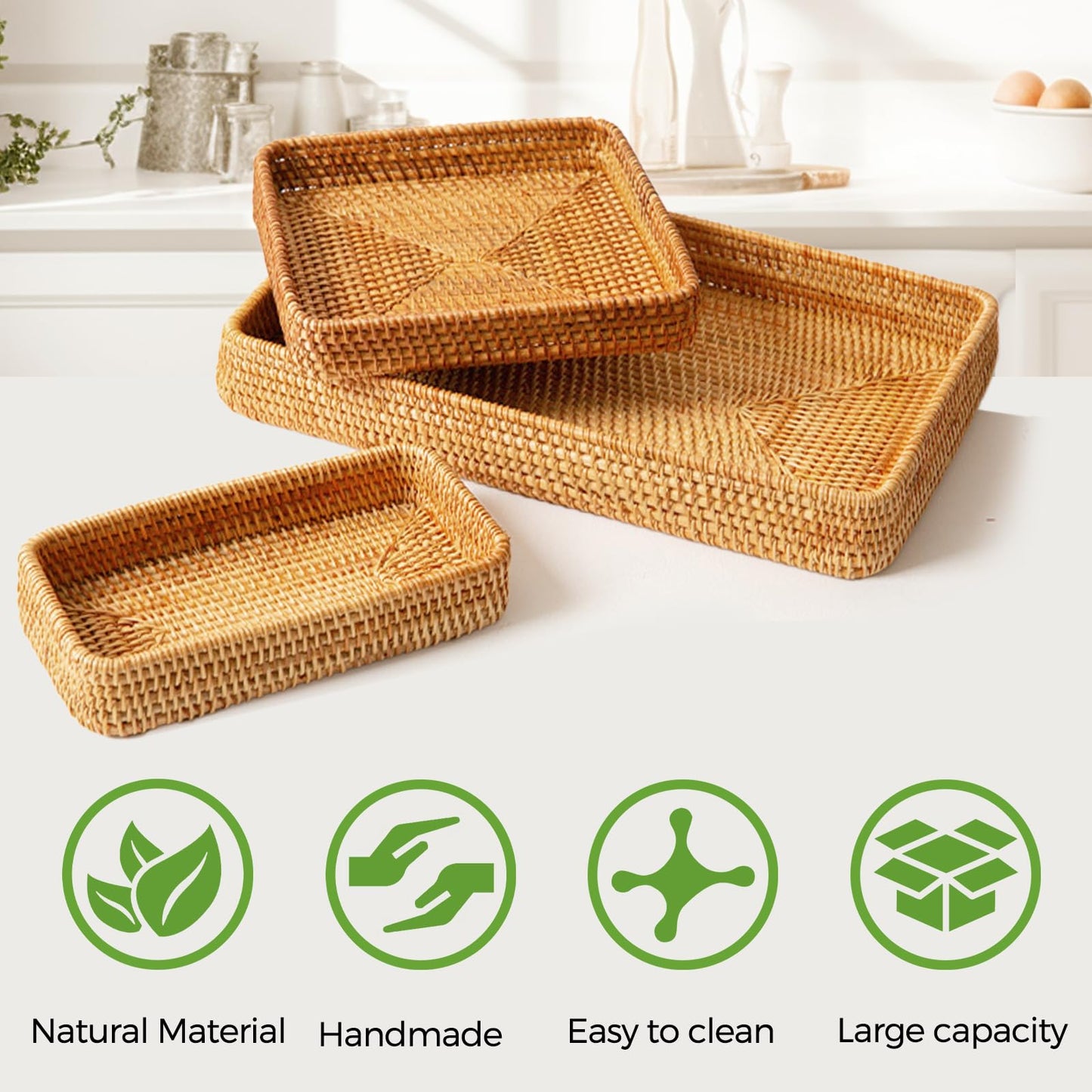 Rattan Serving Tray, Rectangle Basket Set of 3, Wicker Storage and Organizing Baskets, Natural Decorative Woven Tray for Home Decor, Bathroom, Kitchen Counter