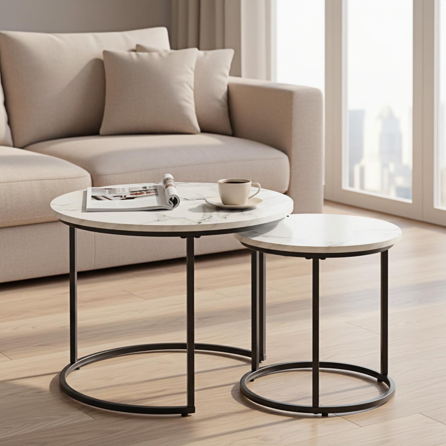 Round Nesting Coffee Table Set of 2, Modern Marble Pattern Wooden Nesting Tables, Stacking Minimalist End Table for Living Room Bedroom Small Space, White and Black