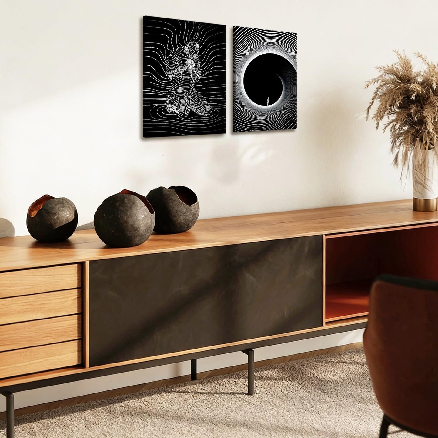 AUUAUU 2 Pcs Abstract Line Art Wall Art Black and White Modern Canvas Painting Minimalist Mental Health Wall Decor Surreal Human Figure Tunnel Art Prints for Living Room Bedroom 12x16 Inches