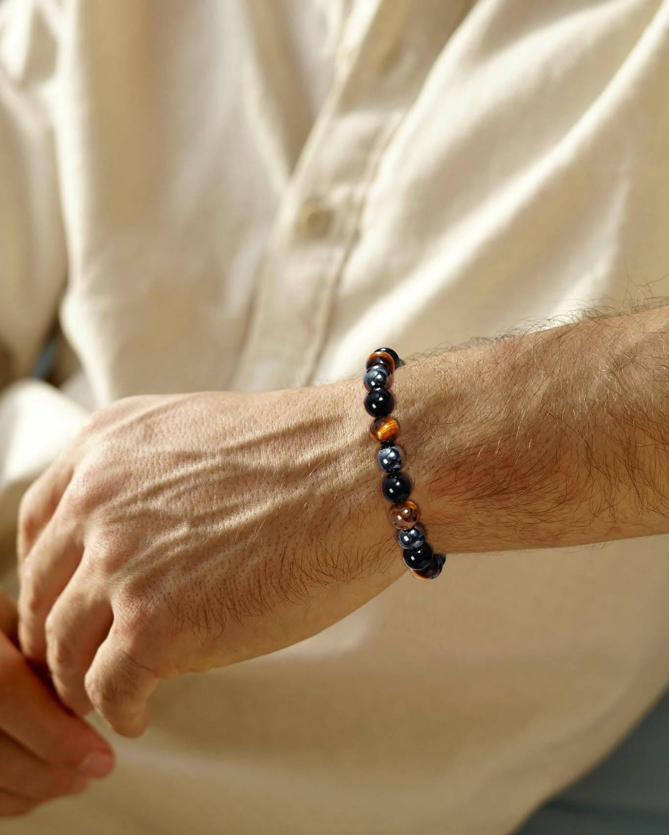 HEYOLL Hematite Bracelet Men Natural Stones Handmade Black Obsidian Bracelets Hematite Tiger Eye Bracelet Mens, Anxiety Relief Items Bracelet Gifts for Husband Brithday Gifts for Men