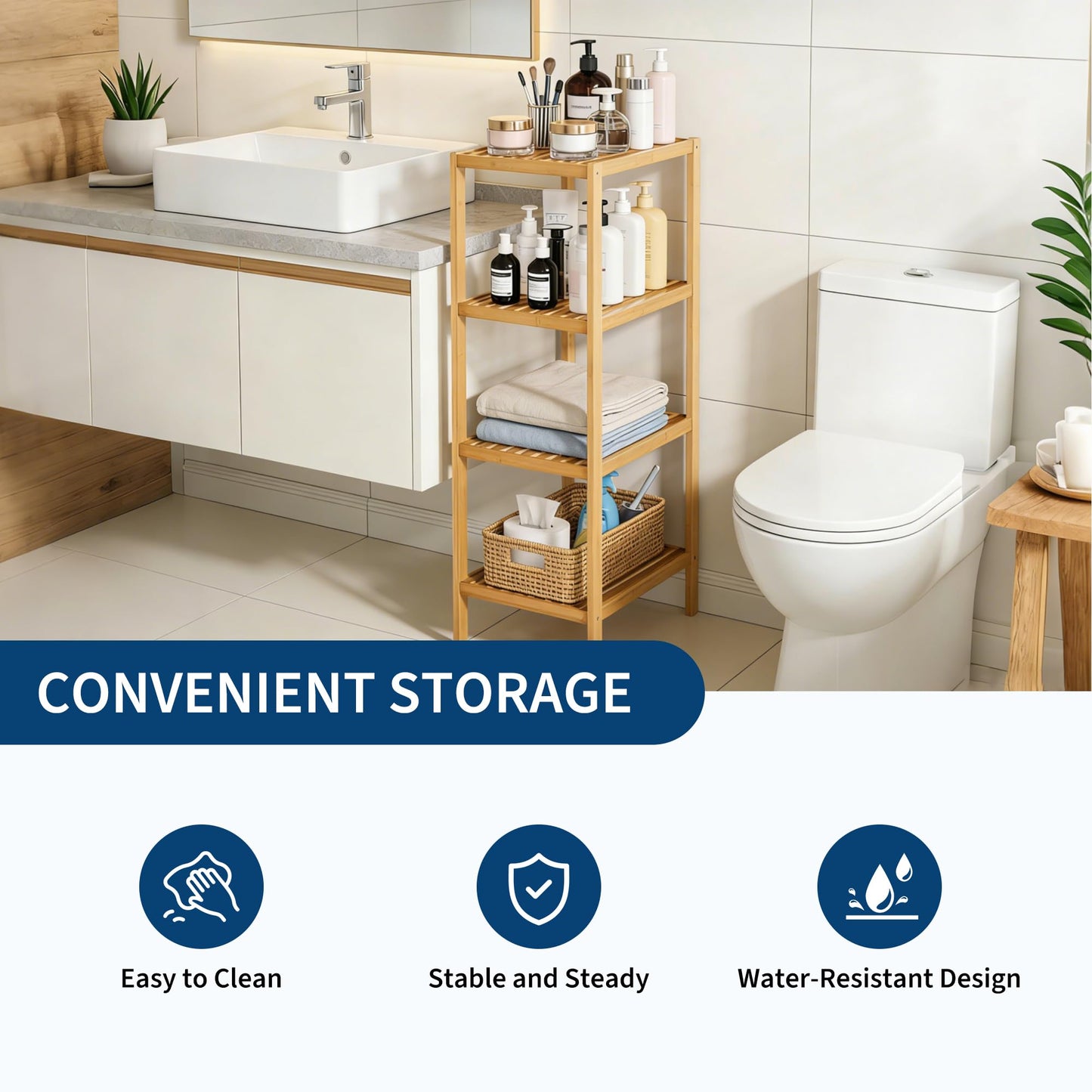 Garvee 4-Tier Bamboo Shelf Narrow Bathroom Shelf with Slatted Shelves Natural Wood Plant Stand Standing Towel Rack Corner Rack for Bathroom Entryway Bedroom Kitchen Sunroom