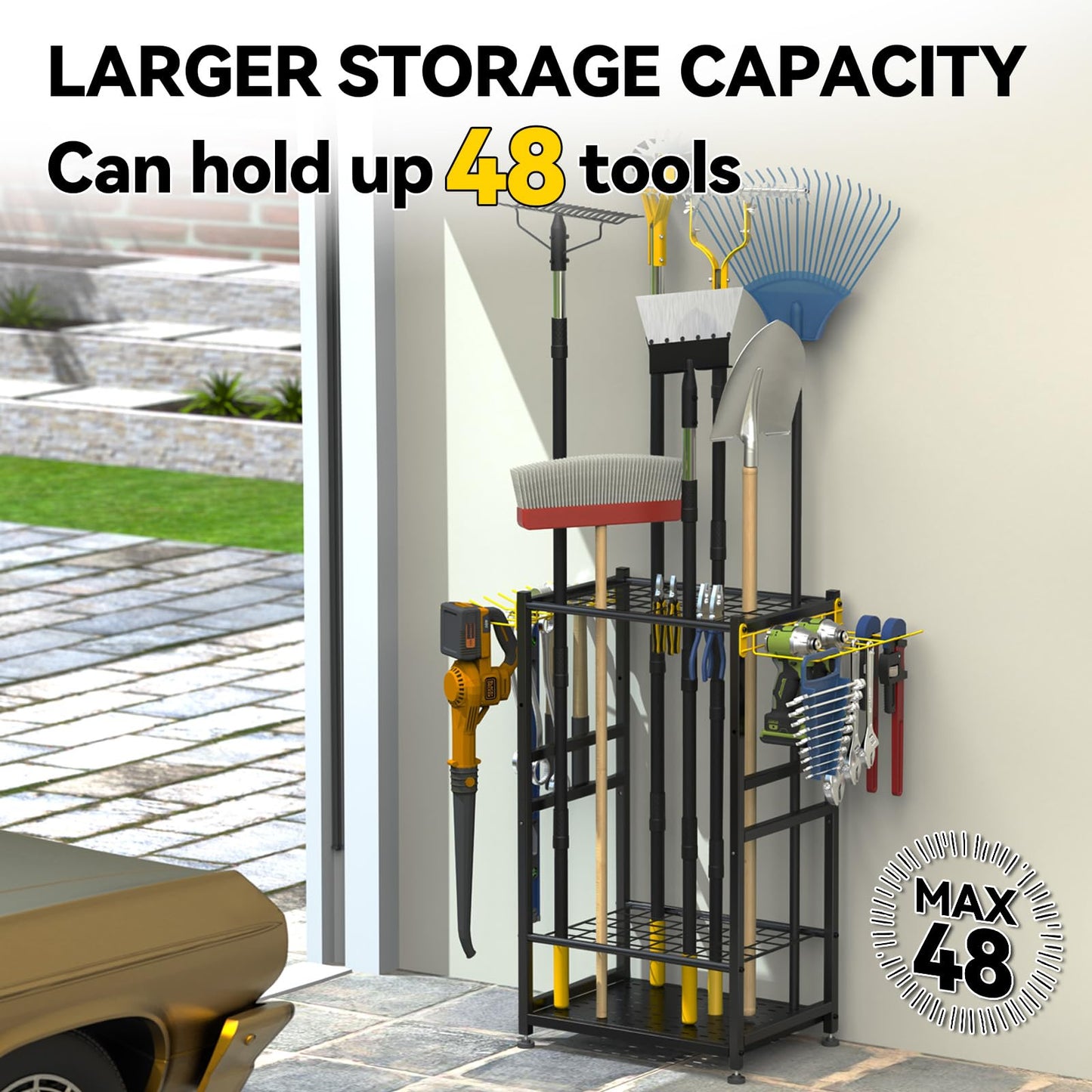 BlumeTrec Garden Tool Organizer, Up 48 Long Handle Tool, Garage Storage and Organization with Side Hook for Broom/Rake/Shovel/T-Handle Tool, Heavy Duty Steel Outdoor Tool Rack,Yard Tool Stand for Shed