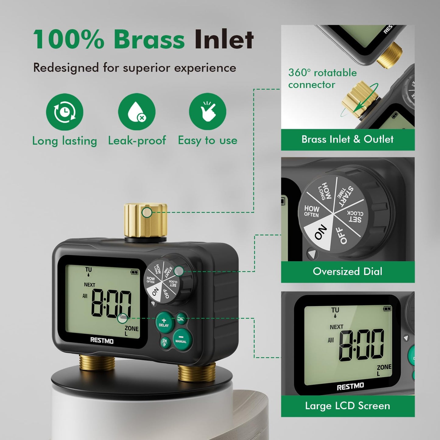 RESTMO Remote Control Brass Sprinkler Timer for Outdoor Hose Faucet 2 Zone, Max 11h59m Programmable Water Timer for Soaker Hose, Misting with Large Dial, Rain Delay/Manual/Automatic Irrigation System