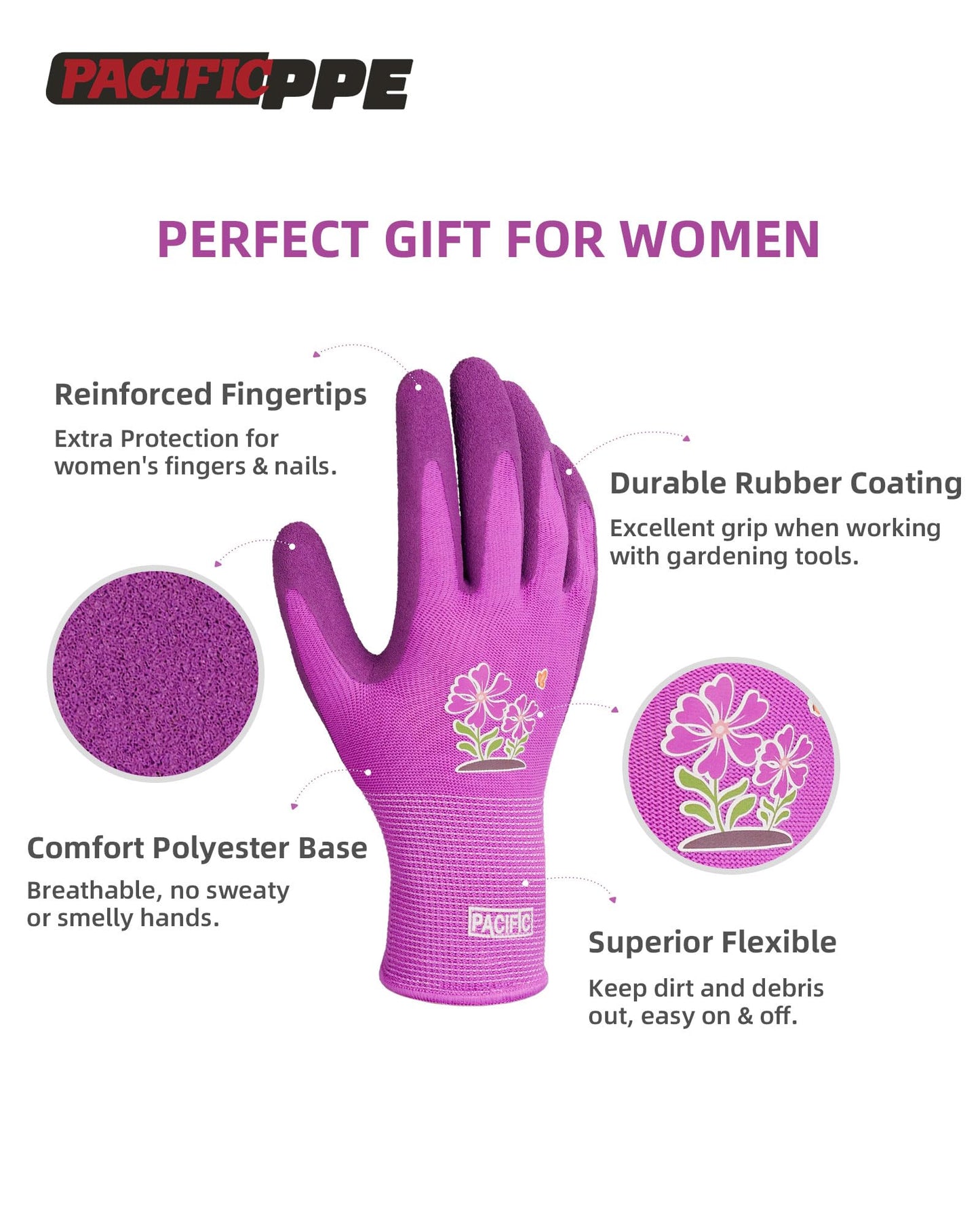 PACIFIC PPE 3 Pairs Gardening Gloves for women, Rubber Coated Garden Gloves, Ladies Yard Work Gloves, Breathable, Purple, Medium