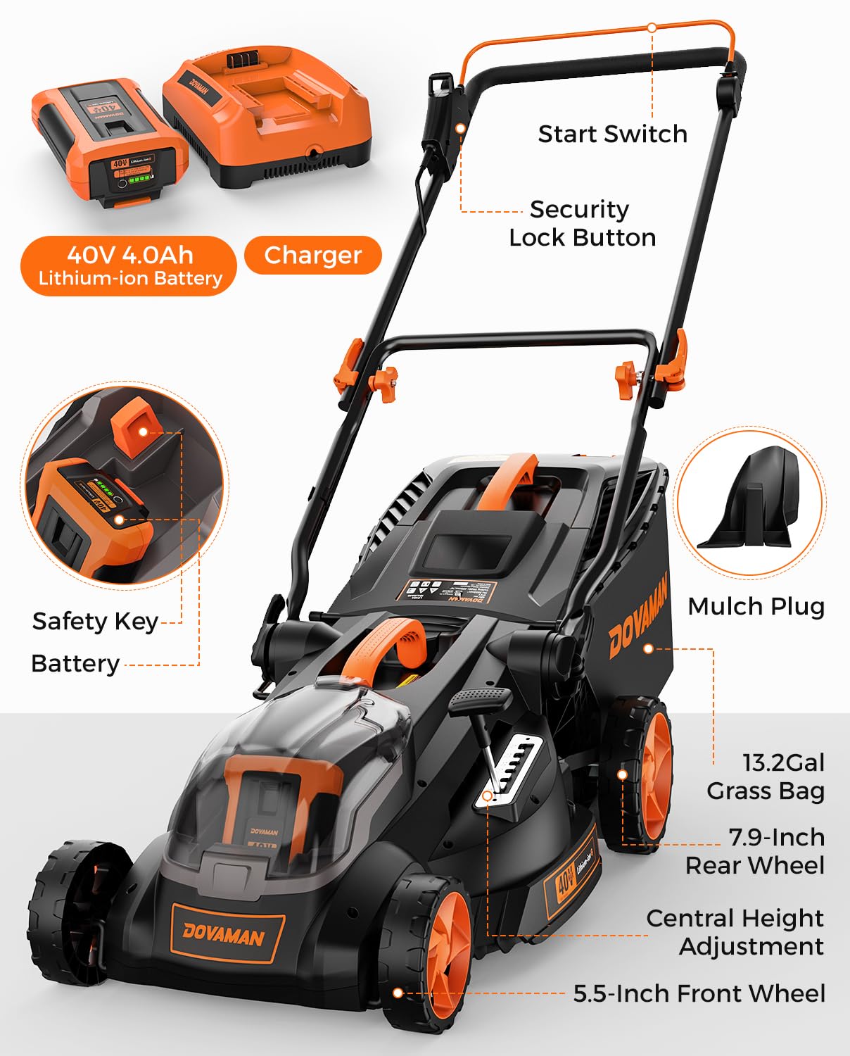 DOVAMAN LD40A 19Inch Brushless Lawn Mower, 40V Powerful Cordless Lawn Mower, Effortless Single-Lever Height Adjustment, 3-Step Foldable Handle & Vertical Storage, 2-in-1 Mulching & Bagging