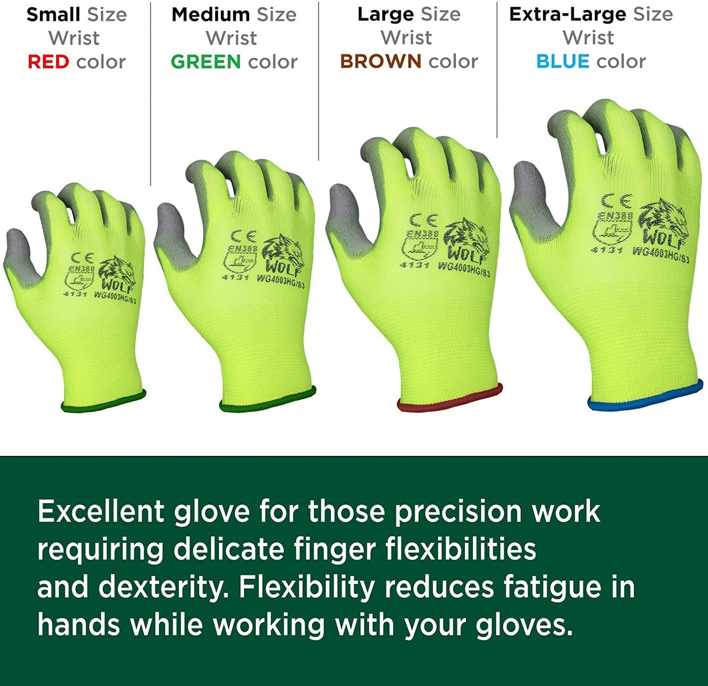 WOLF High-Viz Green Ultra-Thin PU Palm Coated Work Glove, Indoor/Outdoor, Construction, Maintenance, Gardening, Mechanic, Warehouse, Multi-Purpose, Flexible Grip, Small (Pack of 12)