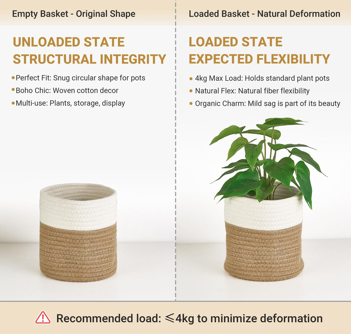 Dahey Small Cotton Rope Plant Basket Woven Plant Coiled Basket for Up to 7" Planter, Decorative Flower Pot Cover Closet Storage Bin Table Desk Organizer for Home Decor, White and Beige