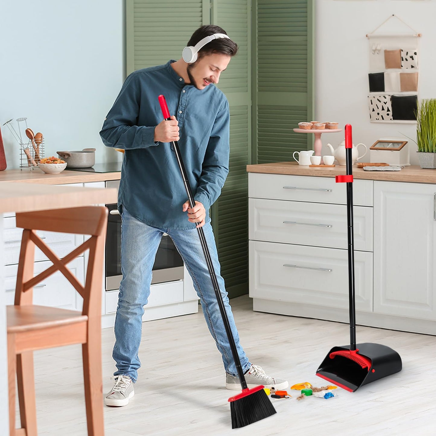TreeLen Dust Pan and Broom/Dustpan Cleans Broom Combo with 52" Long Handle for Home Kitchen Room Office Lobby Floor Use Upright Stand Up Broom and Dustpan Set - Black/Red
