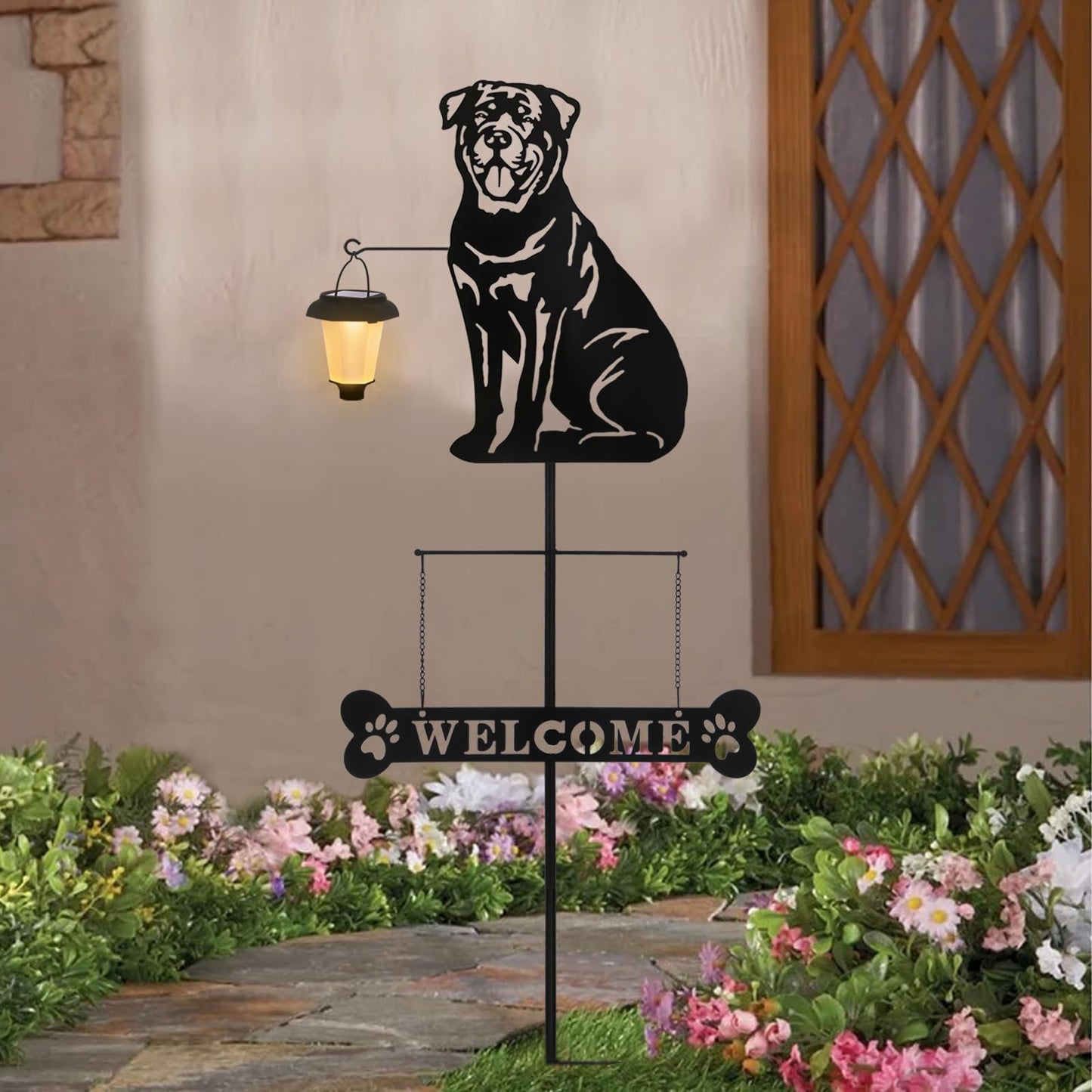 BAYN Solar Rottweiler Silhouette Dog Breed Welcome Sign with a Lantern Outdoor Decorative Garden Stakes for Yard, Lawn, Patio, Pathway