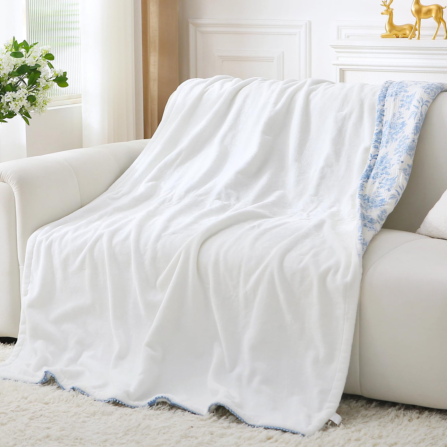 Viviland Fleece Throw Blanket Reversible Muslin Blankets, Soft Throw Blanket for Couch and Bed, Breathable Quilt Bedspread, Gauze Bedding for Adults, Large 50x70 inch, Blue Nerrah
