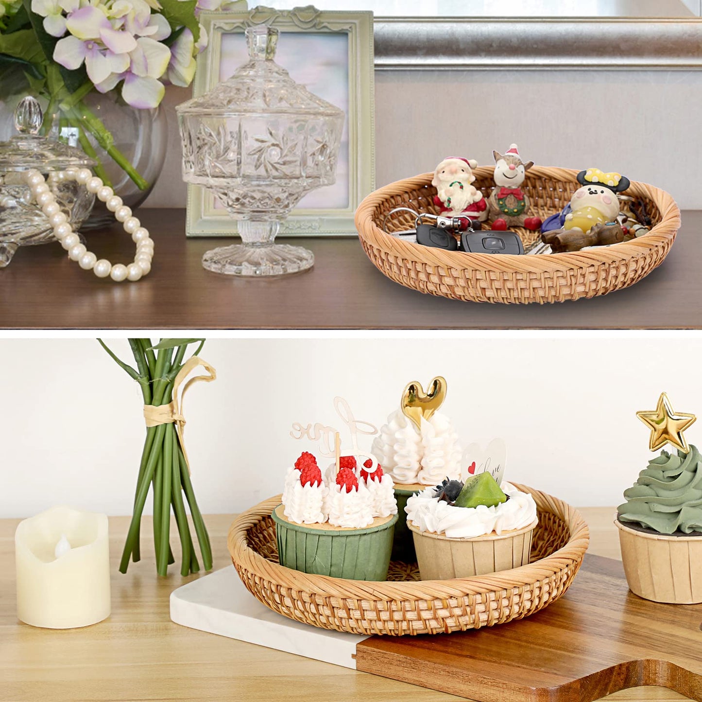 Hipiwe Small Woven Wicker Basket - 7.6" Round Entryway Organizer for Keys, Wallet, Cell Phone & Snacks