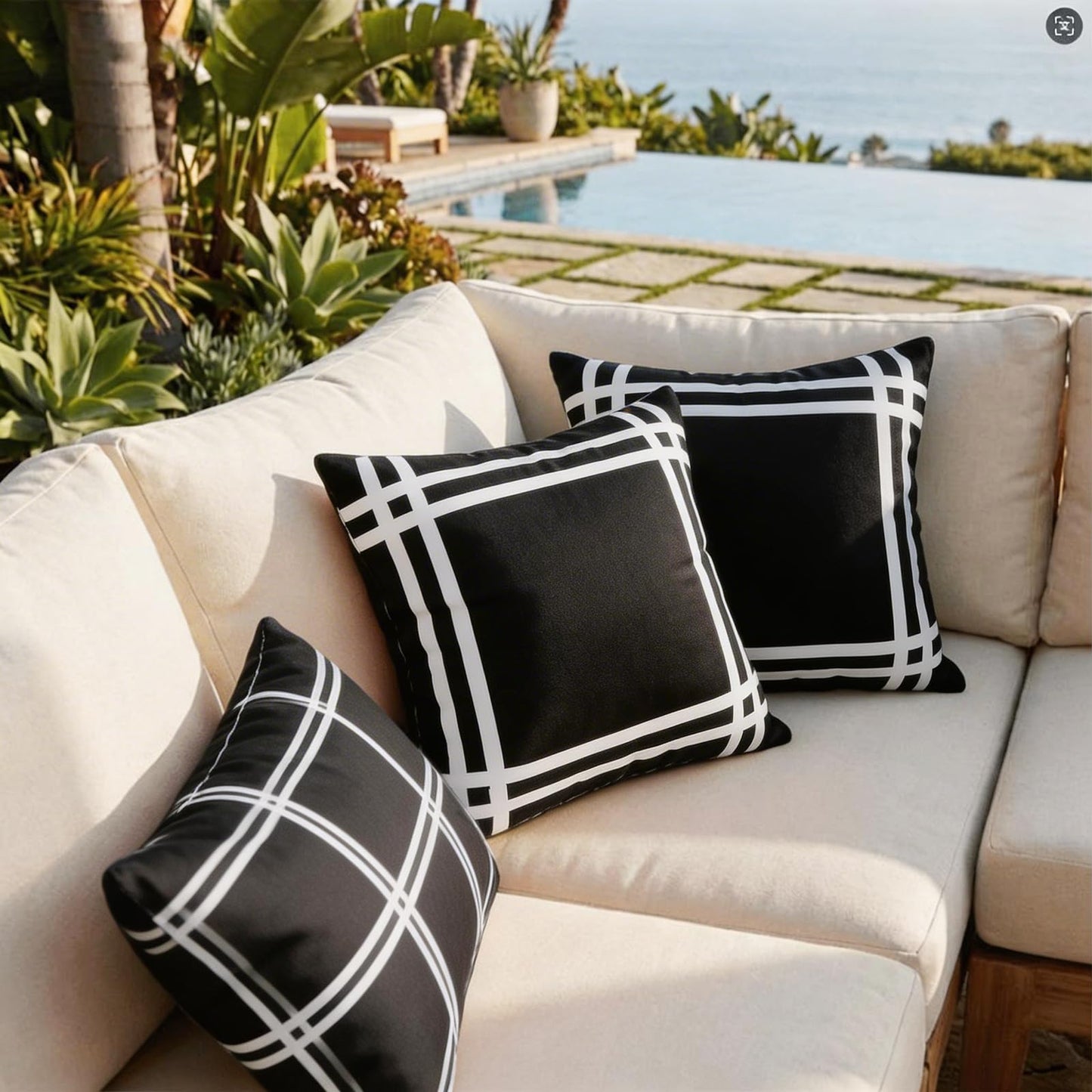 Adabana Pack of 2 Outdoor Waterproof Plaid Throw Pillow Covers Farmhouse Decorative Black Tartan Outdoor Pillow Covers for Patio Furniture Beach Chair 18x18 inch, Black