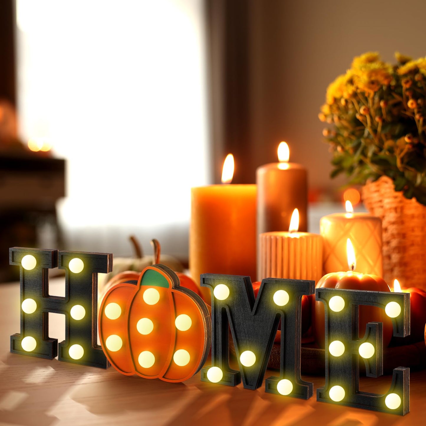 Aurelema Interchangeable Home Table Signs with 8 Pcs Seasonal Icons Wooden "home" Letter Signs with LED Marquee Light up Interchangeable Holiday Decorative Centerpiece for Holiday Room Decoration