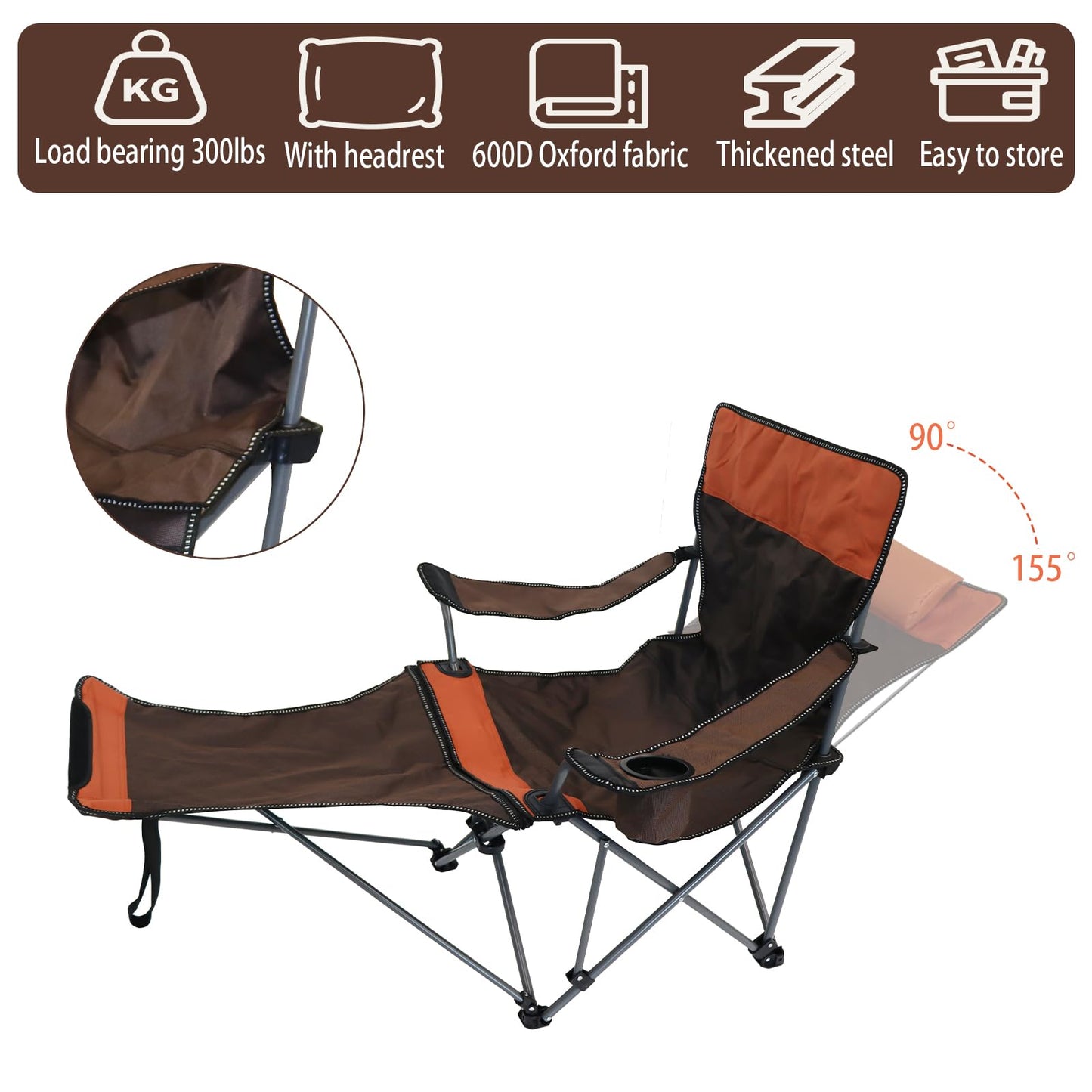 MCCKLE Camping Lounge Chair with Headrest Footrest and Storage Bag, Portable Folding Reclining Camping Chair with Foot Rest for Adults Outdoor Camping Beach Hiking Fishing (Orange Brown)