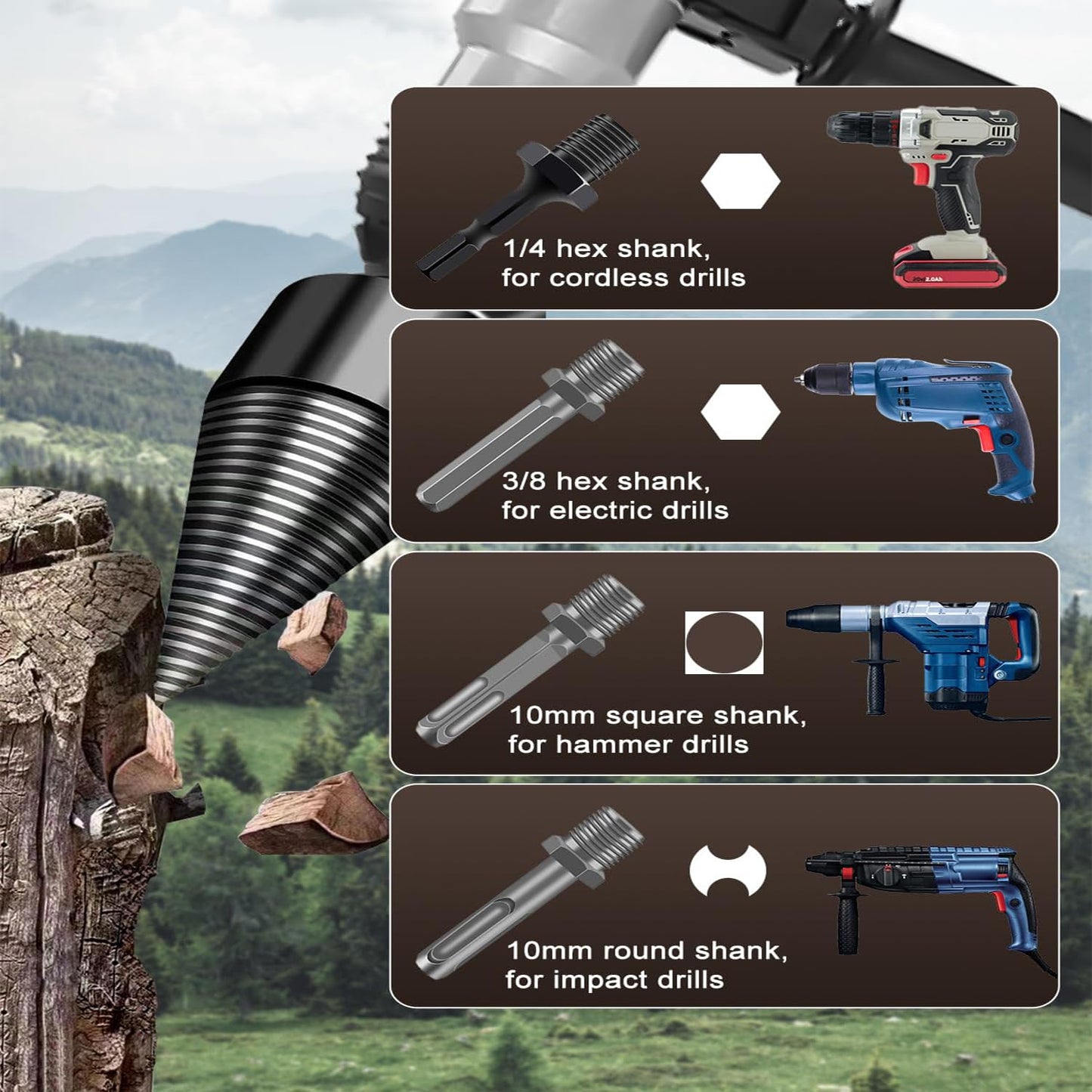 6 Pcs Wood Splitter Drill Bits, 50mm+32mm Firewood Log Splitter, Heavy Duty Electric Drill Screw Cone Driver Removable, Detachable Wood Splitting Wedge Tool