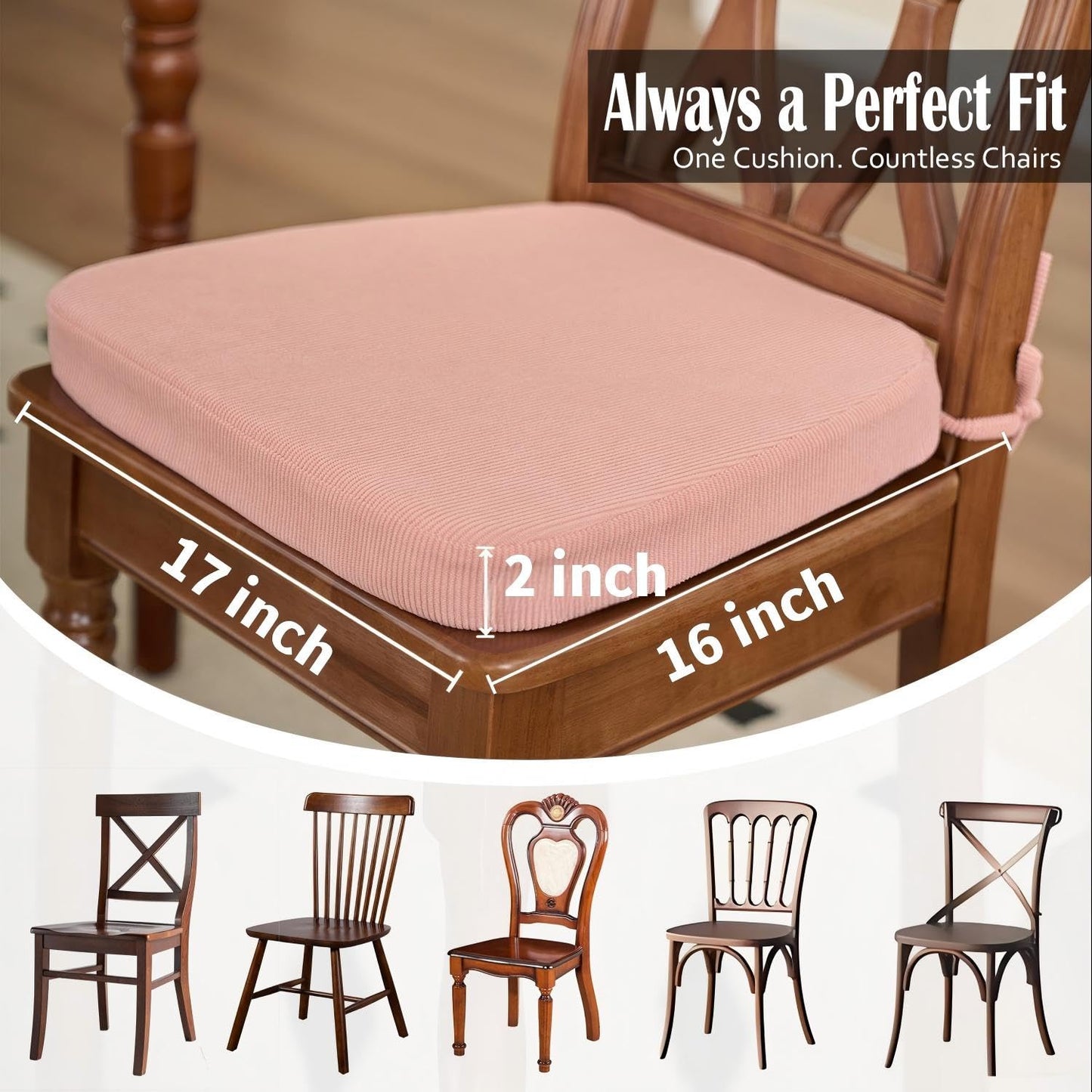 Nobildonna 2'' Thick High-Density Foam Indoor Chair Cushions | Dining Chair Pads with Ties, Removable Washable Cover, Kitchen Chair Cushions 17"x16", Pink 4 Pack