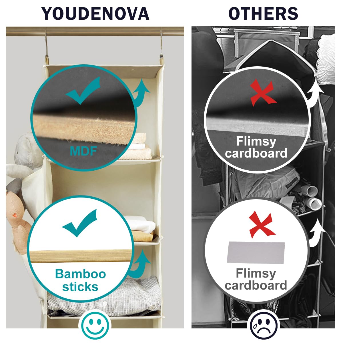 YOUDENOVA Hanging Closet Organizer, 6-Shelf Closet Hanging Storage with Side Pockets, Beige