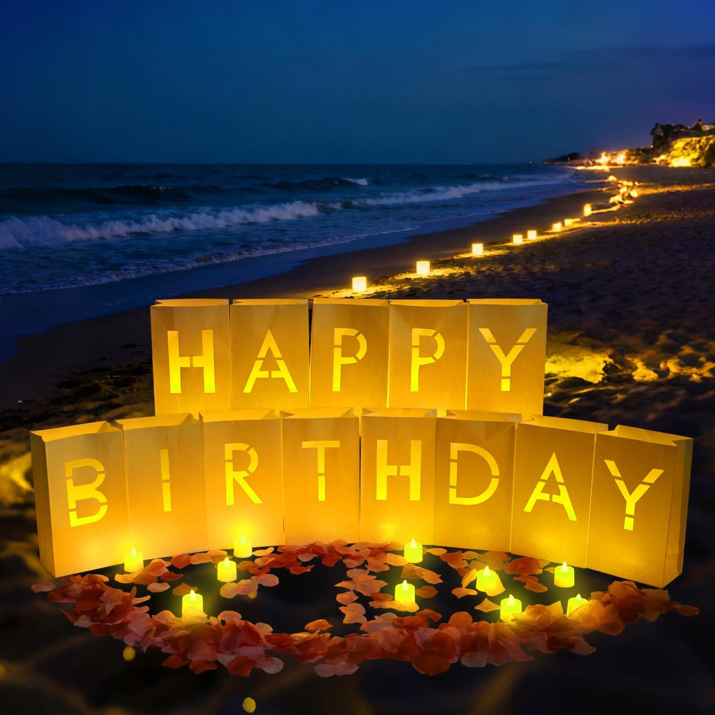 Happy Birthday Decorations for Women Men Girls White Paper Bags with Letter Cards 2000PC Rose Petals Set, Happy Birthday Banner for Door Room Party Decorations, Surprise Gifts Banner
