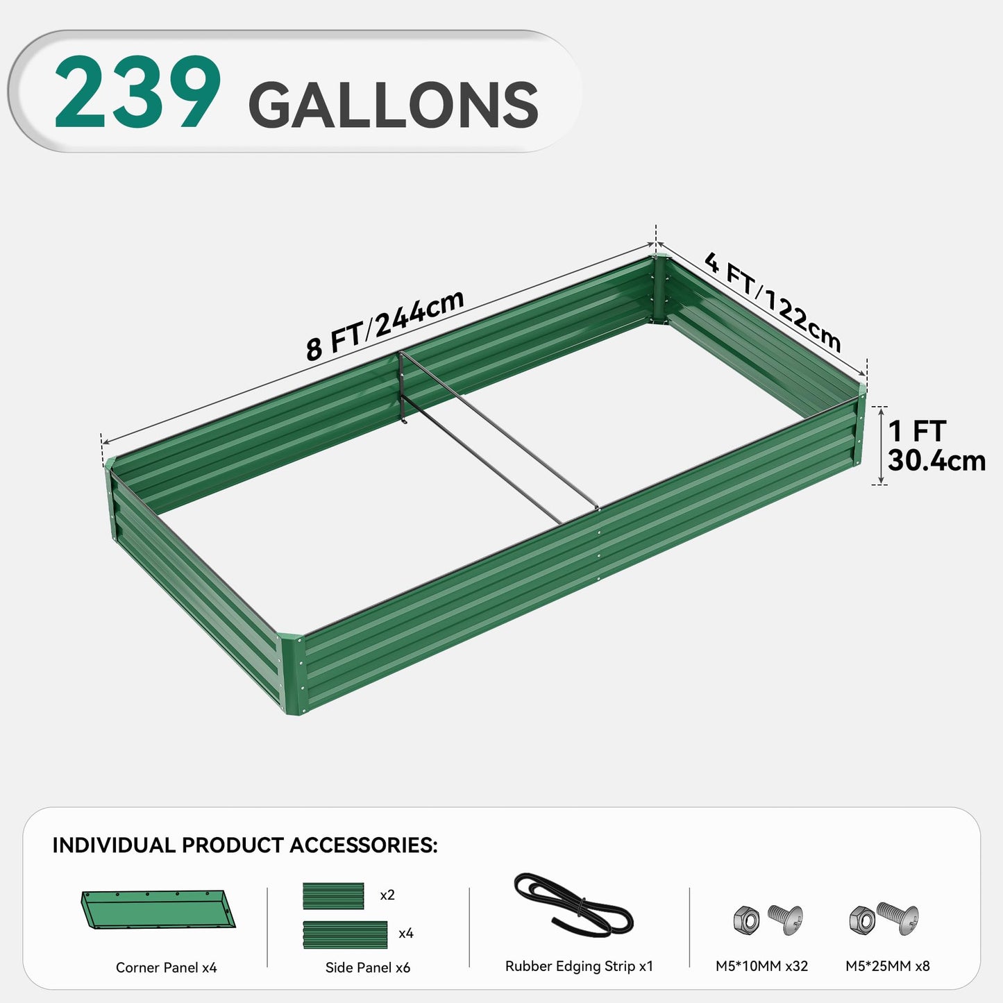 YITAHOME 96x48x12 in 2pcs Galvanized Raised Garden Bed Kit, Large Metal Planter Box with Gloves, Safety Rubber & Support Rod, Green