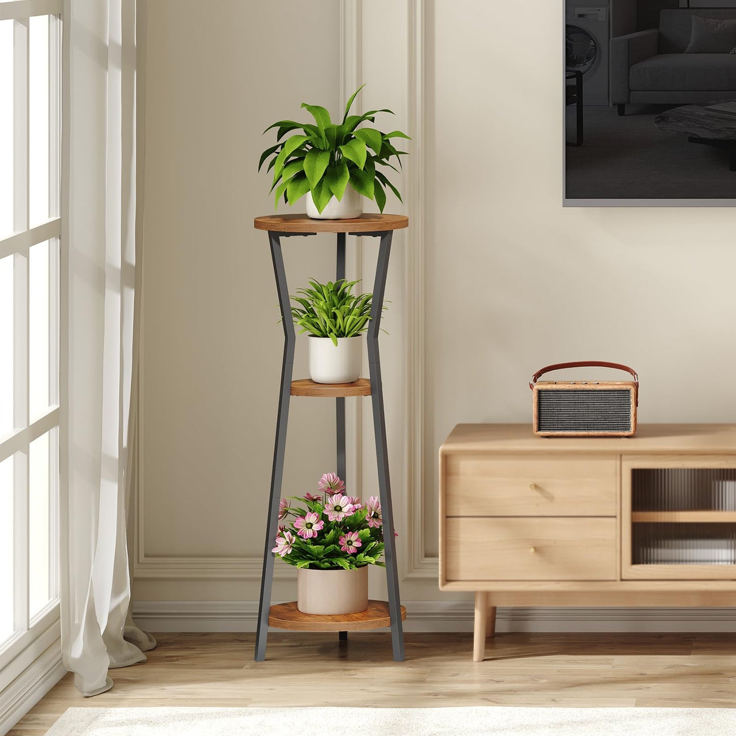 MAHANCRIS Plant Stand Indoor, 3 Tier Round Corner Plant Stand Indoor, Round Plant Holder Rack, 35" Tall Plant Shelf for Living Room, Balcony, Patio, Rustic Brown and Black PSHR0401