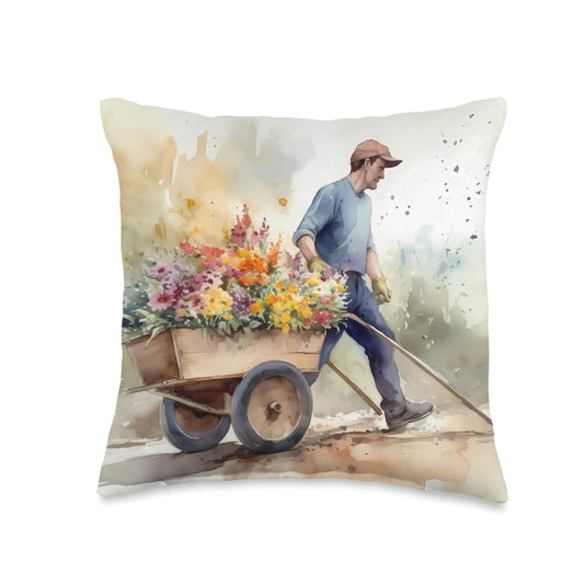 Gardener Transporting Flowers In Wheelbarrow Wheelbarrow of Flowers. Gardening, Planting Throw Pillow, 16x16, Multicolor