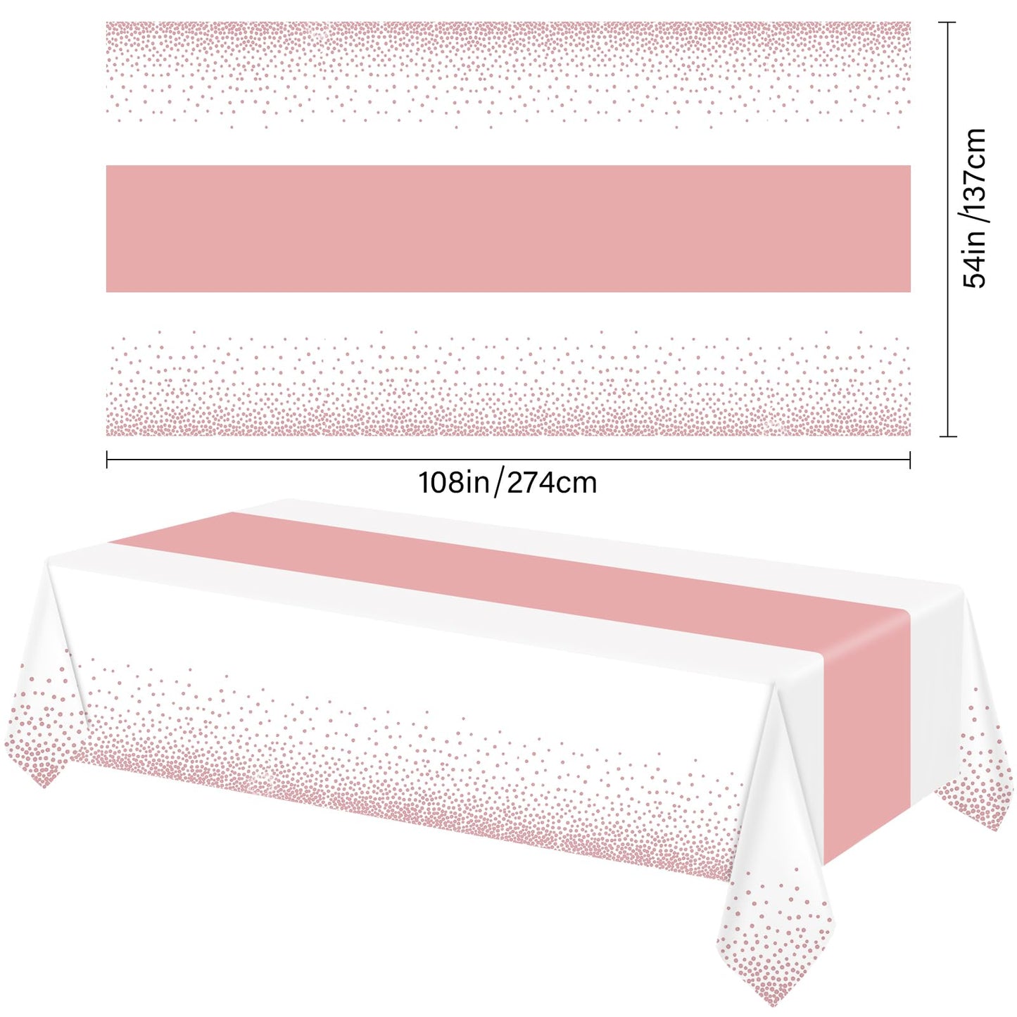 ZHOMA 6 Pack Rectangle Plastic Dot Tablecloth Set, 54 X 108 Inch Plastic Table Cover, 12 x 108 Inch Satin Table Runners for Wedding Graduation Birthday New Year Party Decorations (White, Rose Gold)