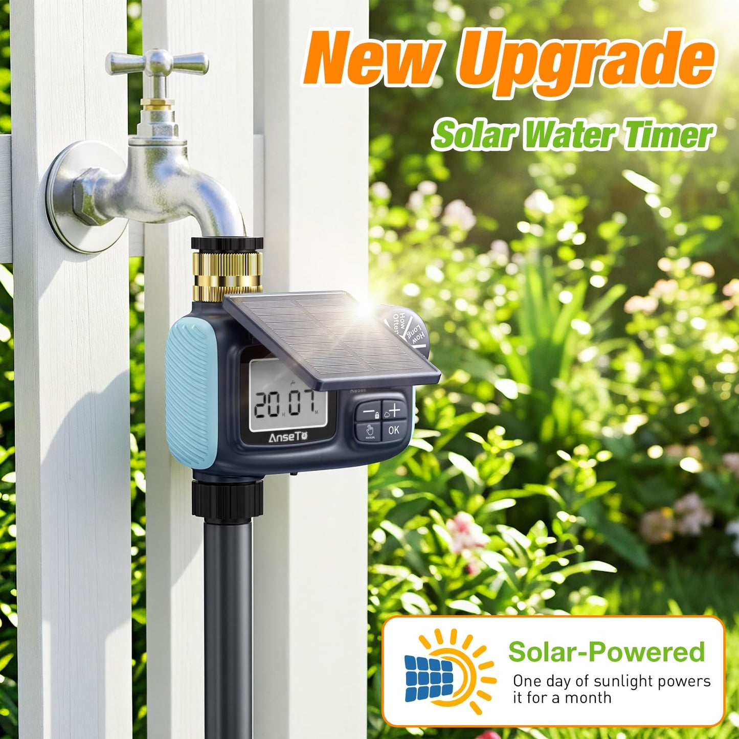 AnseTo Solar Sprinkler Timer, Solar & Type-C Rechargeable Water Timer for Garden Hose, Programmable Faucet System with Rain Delay/Manual/Auto Mode, Digital Irrigation Controller for Lawn/Yard/Pool