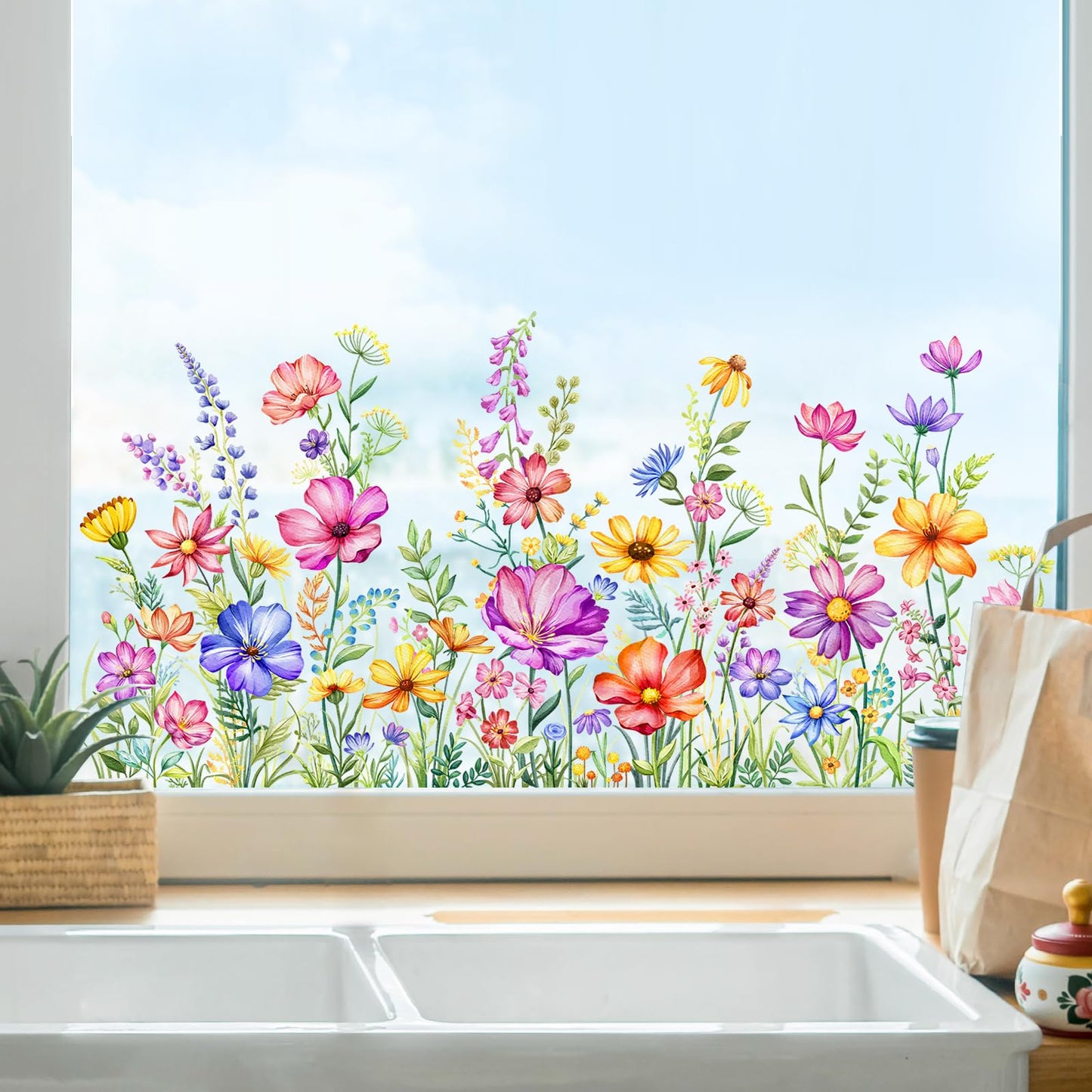 2 Sheets Wildflower Static Window Clings Colorful Spring Summer Floral Window Stickers Double-Sided Anti-Collision Glass Door Mirror Decals